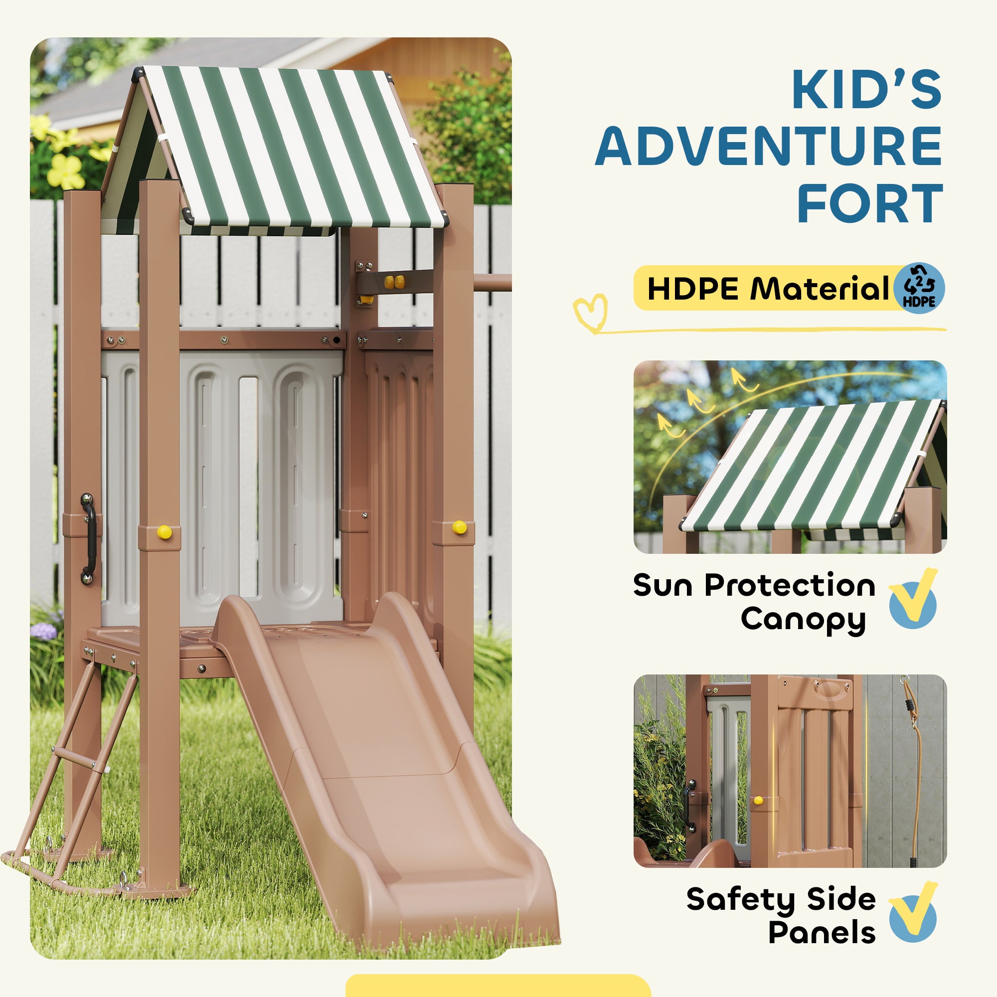 Qaba 4-in-1 Outdoor Kids Swing Set with Slide, Playhouse Fort, Climbing Ladder & Ground Anchors - Durable Backyard Playset for Children Ages 3-8 Years (Brown) - Perfect for Gardens, Parks & Outdoor Family Fun