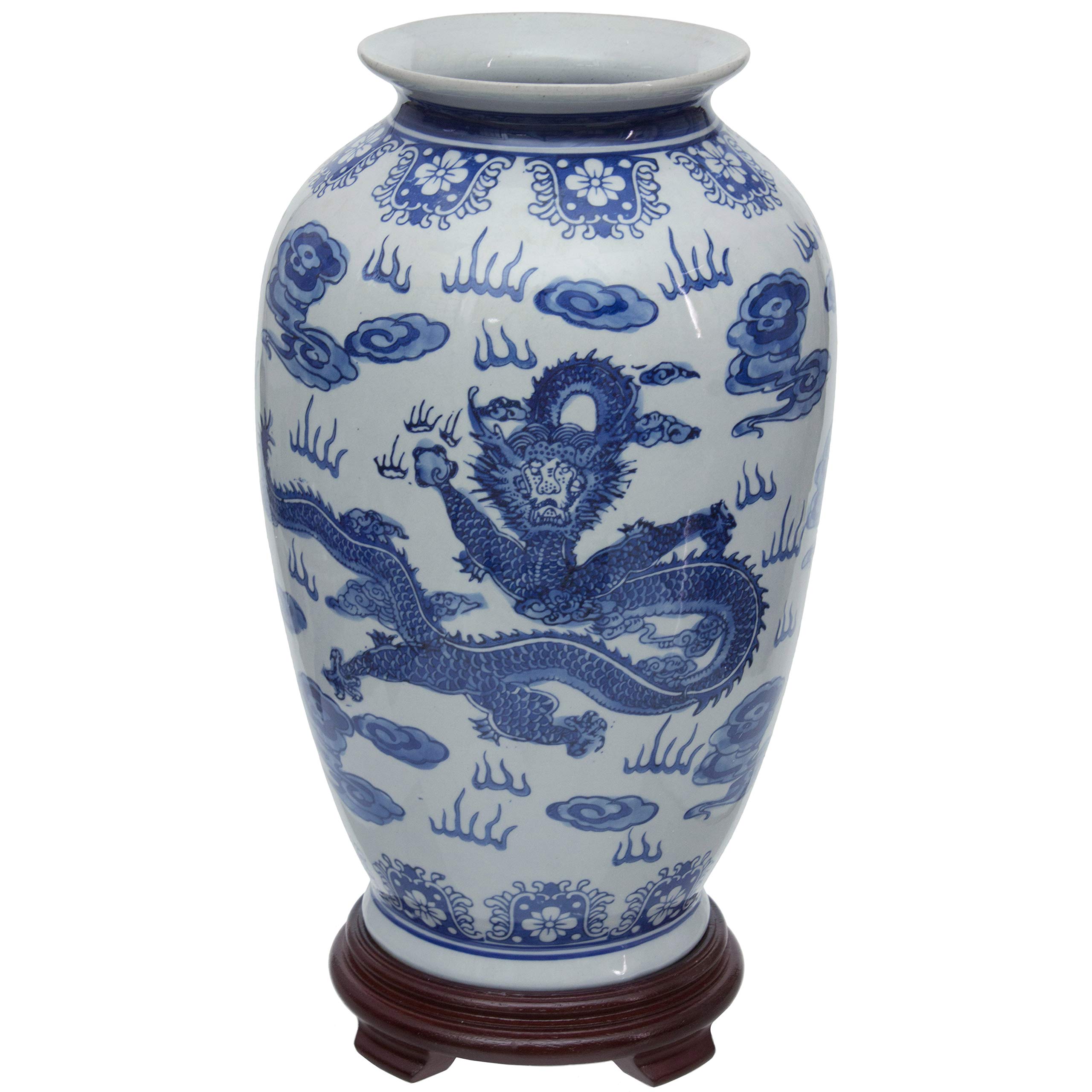 14 Inch Blue and White Porcelain Dragon Vase - Traditional Chinese Red Lantern Design for Home Decor, Wedding Centerpiece & Asian-Inspired Interior Styling