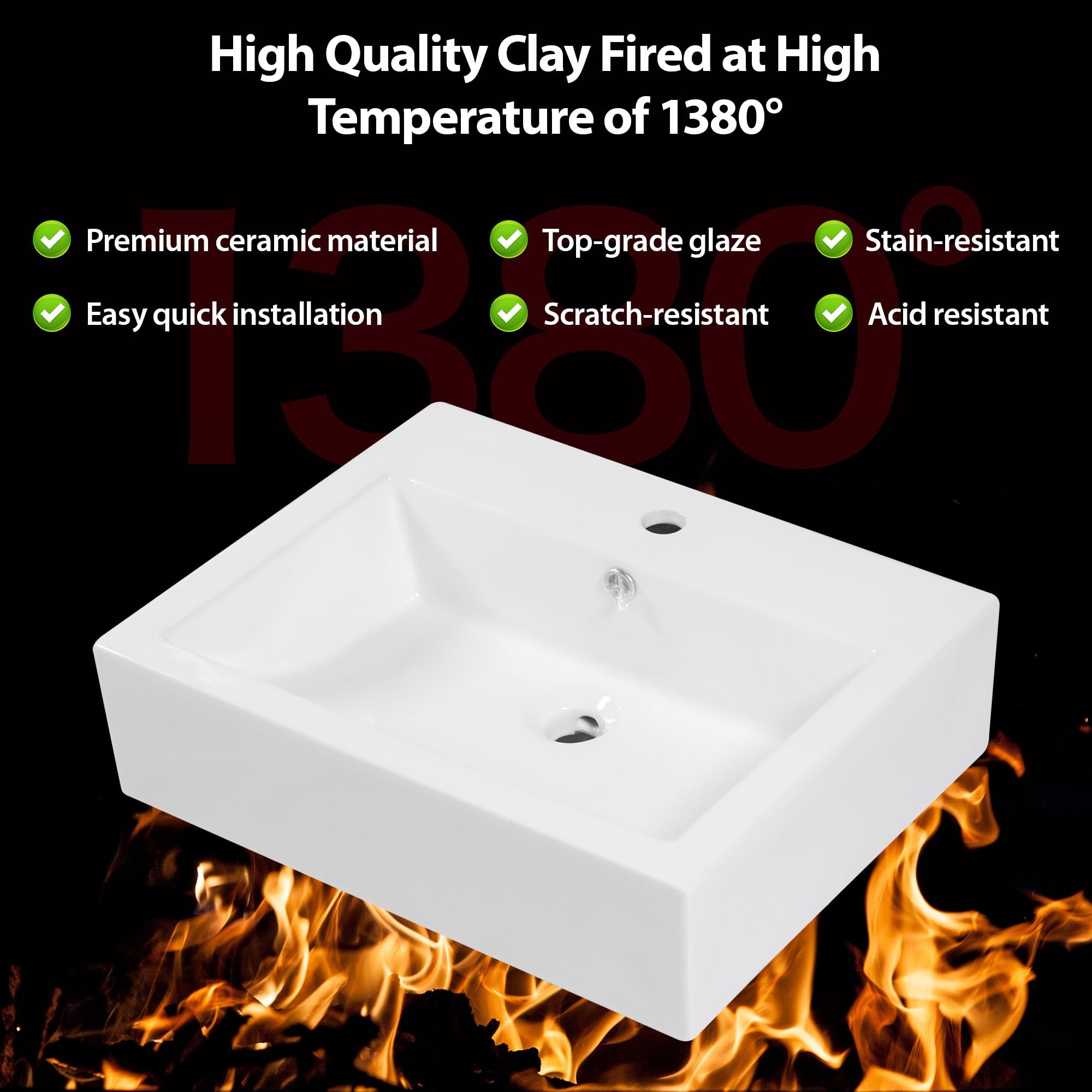 Lepuday 22x18 Inch White Ceramic Wall Mount Sink - Floating Vessel Bathroom Sink, Rectangle Wall Hung Basin for Modern & Space-Saving Bathroom Design