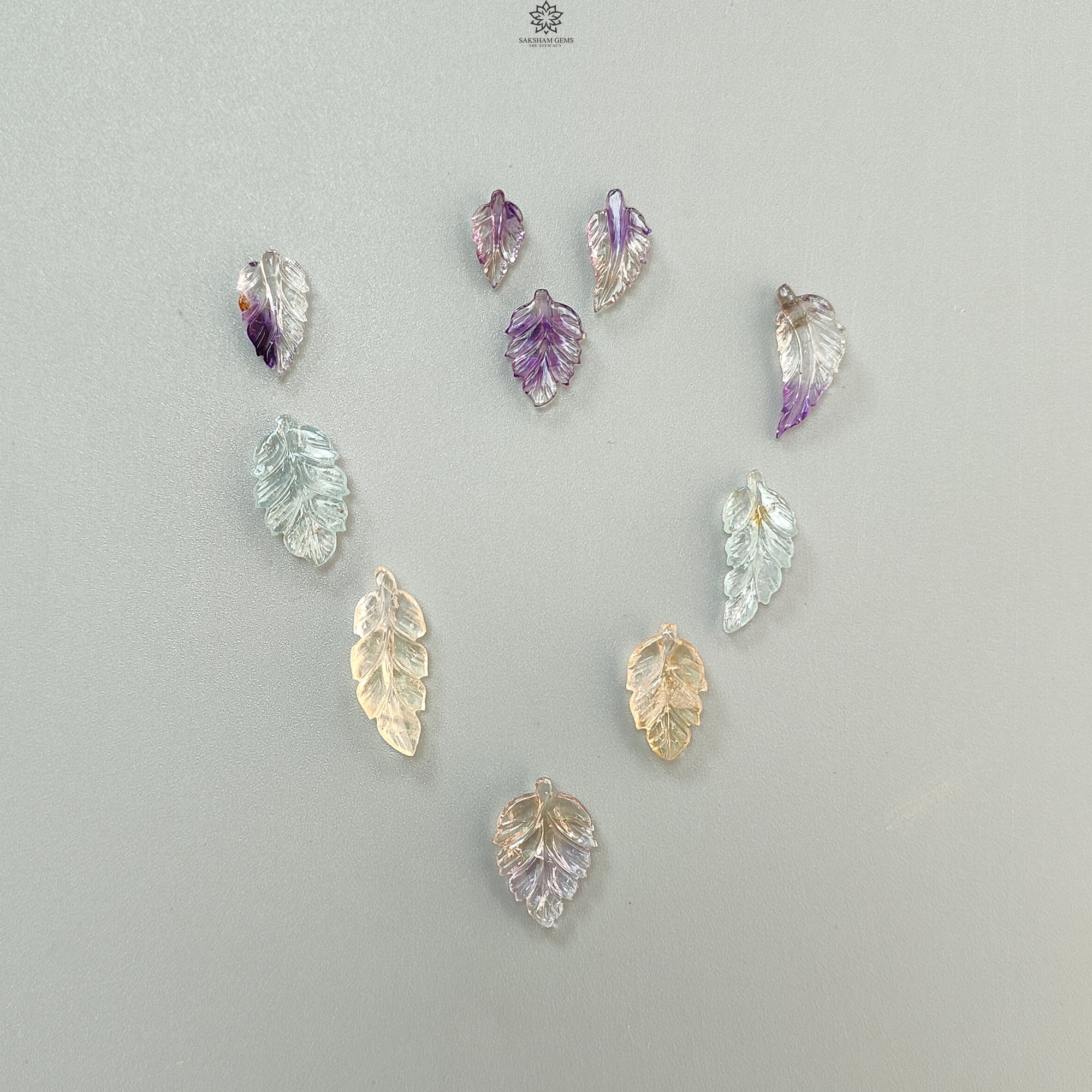 Natural Untreated Amethyst, Citrine & Aquamarine Gemstone Carving - 34.80cts Hand-Carved Leaf Shape Gemstones (13x7mm to 25.5x10mm) 10-Piece Set for Jewelry Making, Meditation & Healing Crystals