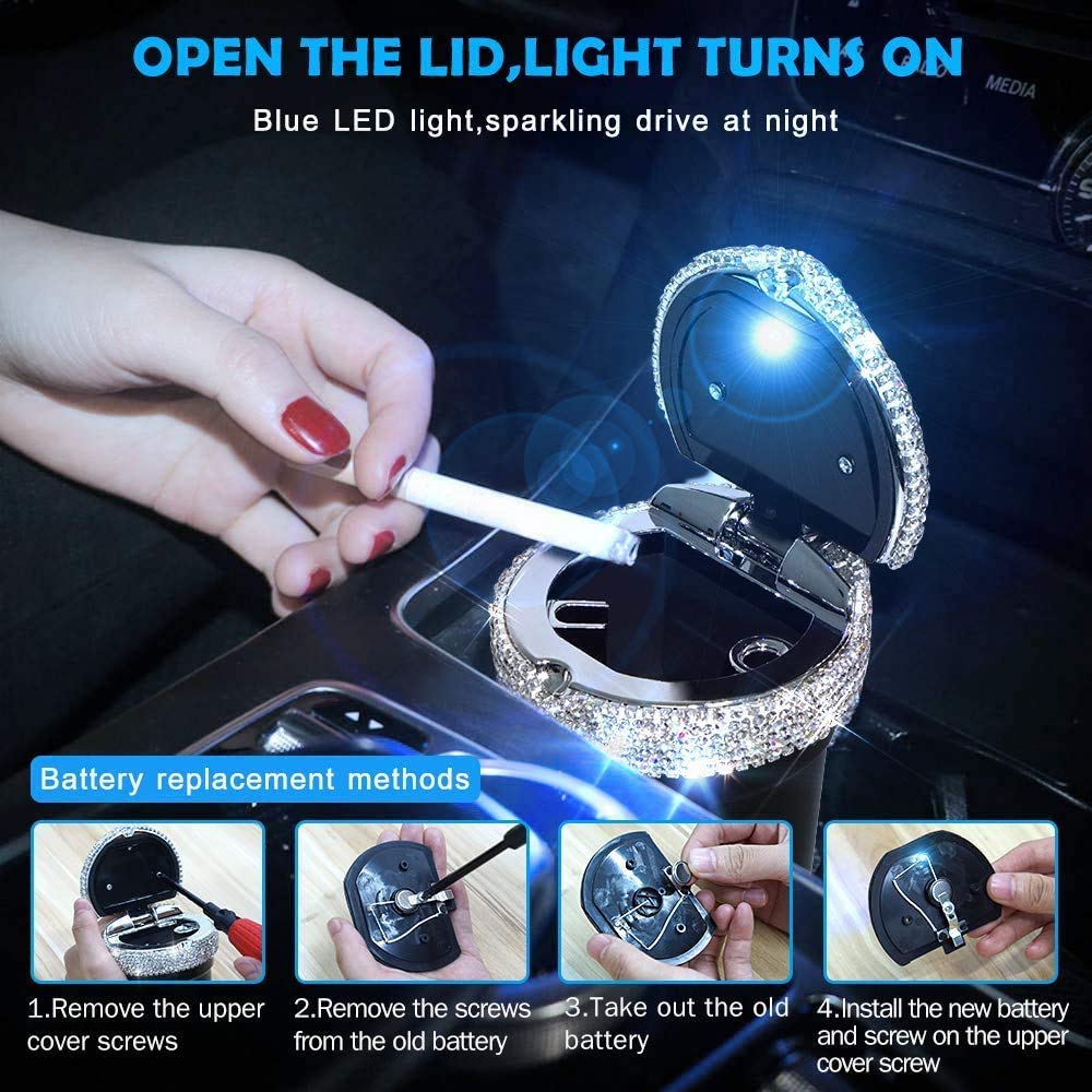 Bling Car Ashtray - Portable Luxury Crystal Cigarette Ashtray with Smell-Proof Lid, LED Light, Diamond Car Accessories - Perfect Gift for Women & Girls - Ideal for Car, Office, Home, Travel, and Outdoor Use (Red)