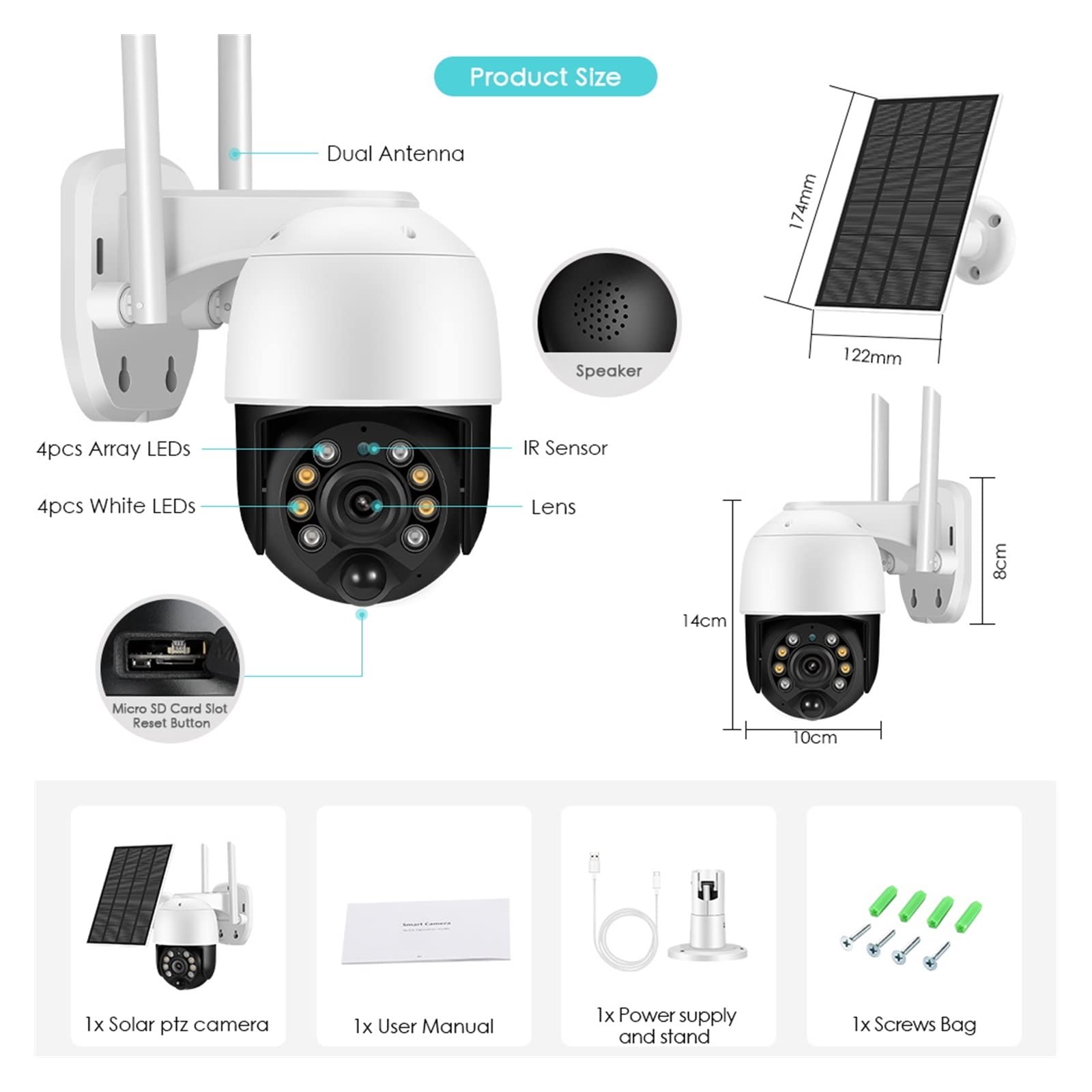 BAFEIYA 3MP Solar Wireless Outdoor Security Camera - PTZ, Waterproof, PIR Motion Detection, Audio, P2P, IP Camera with IR Night Vision & 128GB Card - Ideal for Home, Business & Property Surveillance