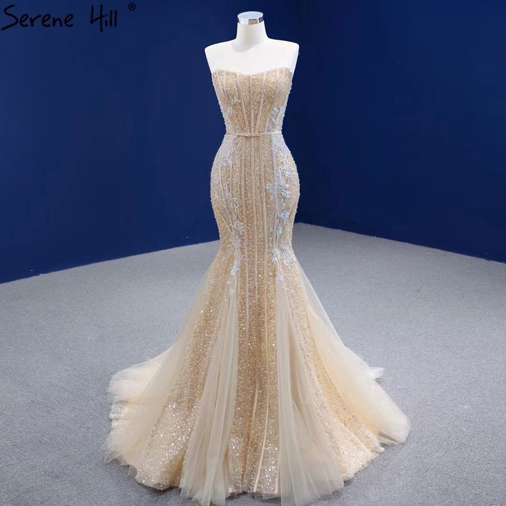 Serene Hill Women's Mermaid Champagne Evening Dresses 2025 - Elegant Beaded Sexy Formal Gowns for Prom, Wedding & Black Tie Events (Style HM67339) - Perfect for Cocktail Parties, Galas and Special Occasions