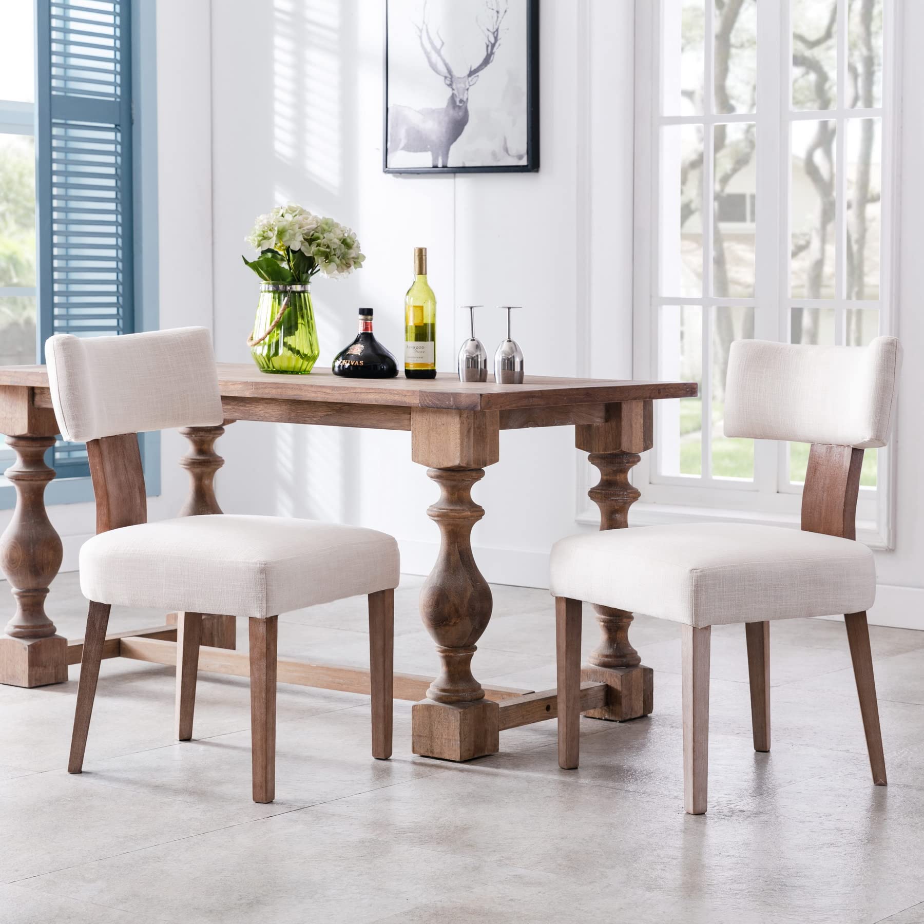 Wahson Beige Upholstered Dining Chairs Set of 4 - Modern Farmhouse Kitchen Chairs with Wood Legs & Linen Fabric, Curved Wingback Design for Living Room, Bedroom, Dining Room - Comfortable Seating for Family Gatherings & Home Decor