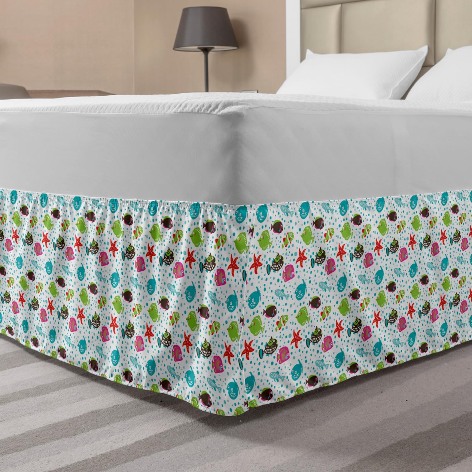 Ambesonne Underwater Bedskirt - Doodle Fish, Starfish & Coral Reef Design, Elastic Wrap Around Bed Skirt for King Size Beds, Colorful Ocean Theme Bedroom Decor | Perfect for Beach House, Kids Room or Coastal Style Bedroom