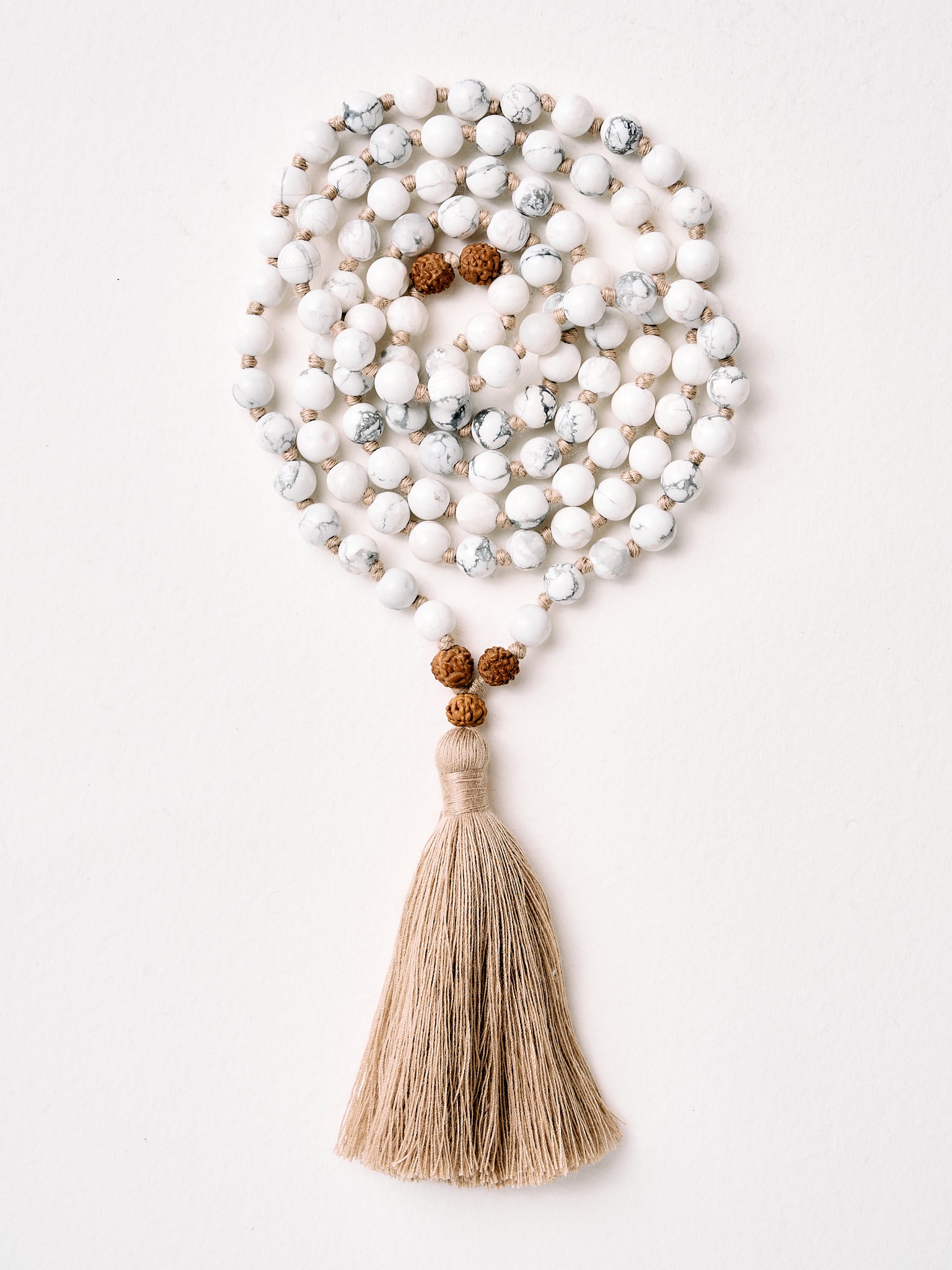 White Howlite Mala Bead Necklace - Buddhist Meditation & Yoga Prayer Beads for Mindfulness & Spiritual Healing