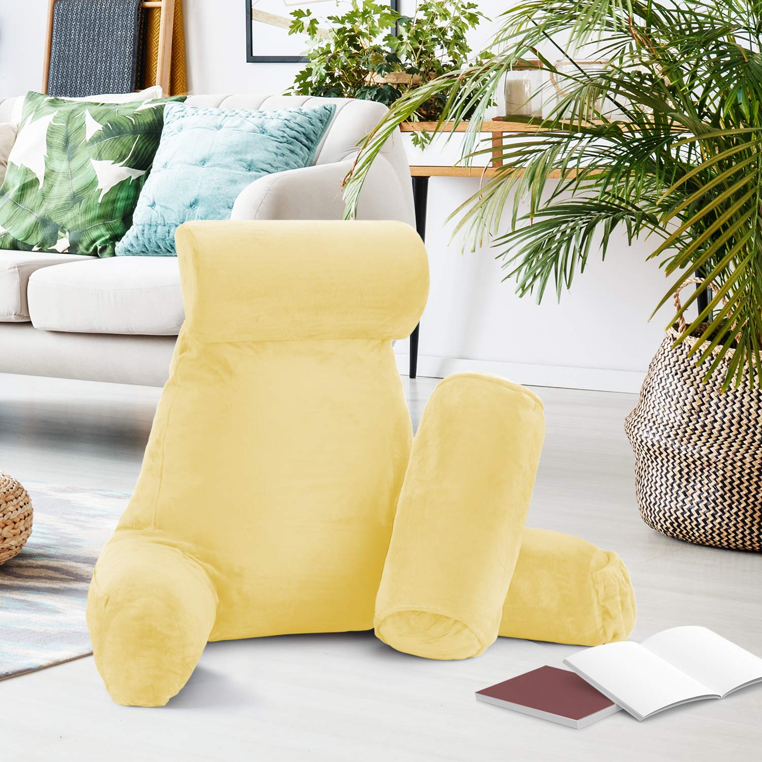 **Nestl Large Reading Pillow with Shredded Memory Foam – Back Support Pillow for Sitting in Bed, Reading, or Relaxing – Light Yellow Bed Chair Pillow with Pockets – Perfect for Cozy Reading Nooks, Dorm Rooms & Lounging**