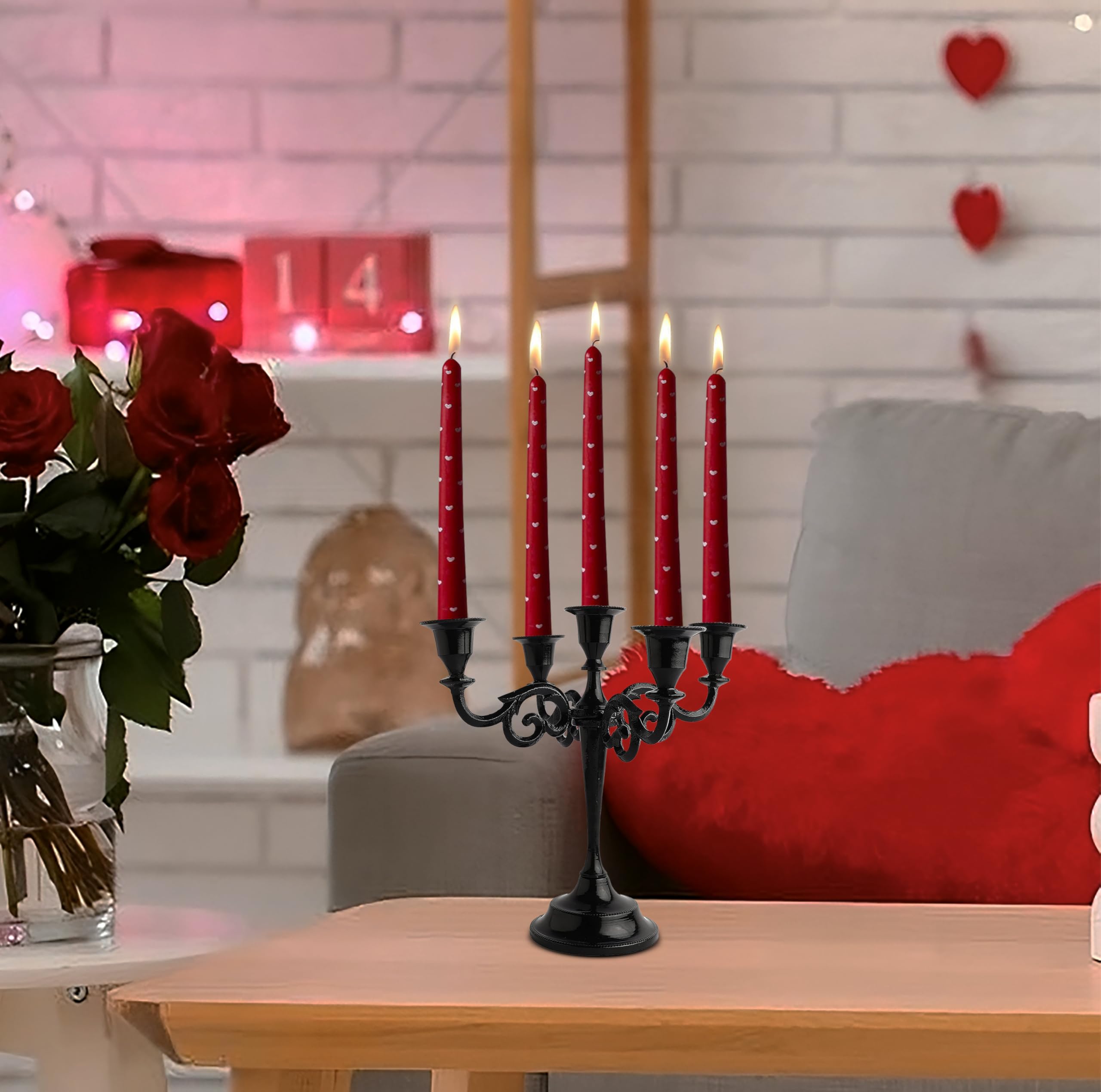 5-Arm Black Glossy Candelabra Taper Candle Holders - Elegant Table Centerpiece for Indoor Decor, Kitchen, Dining Room & Wedding Decorations - Perfect for Romantic Dinners, Holiday Tablescapes & Home Decor
