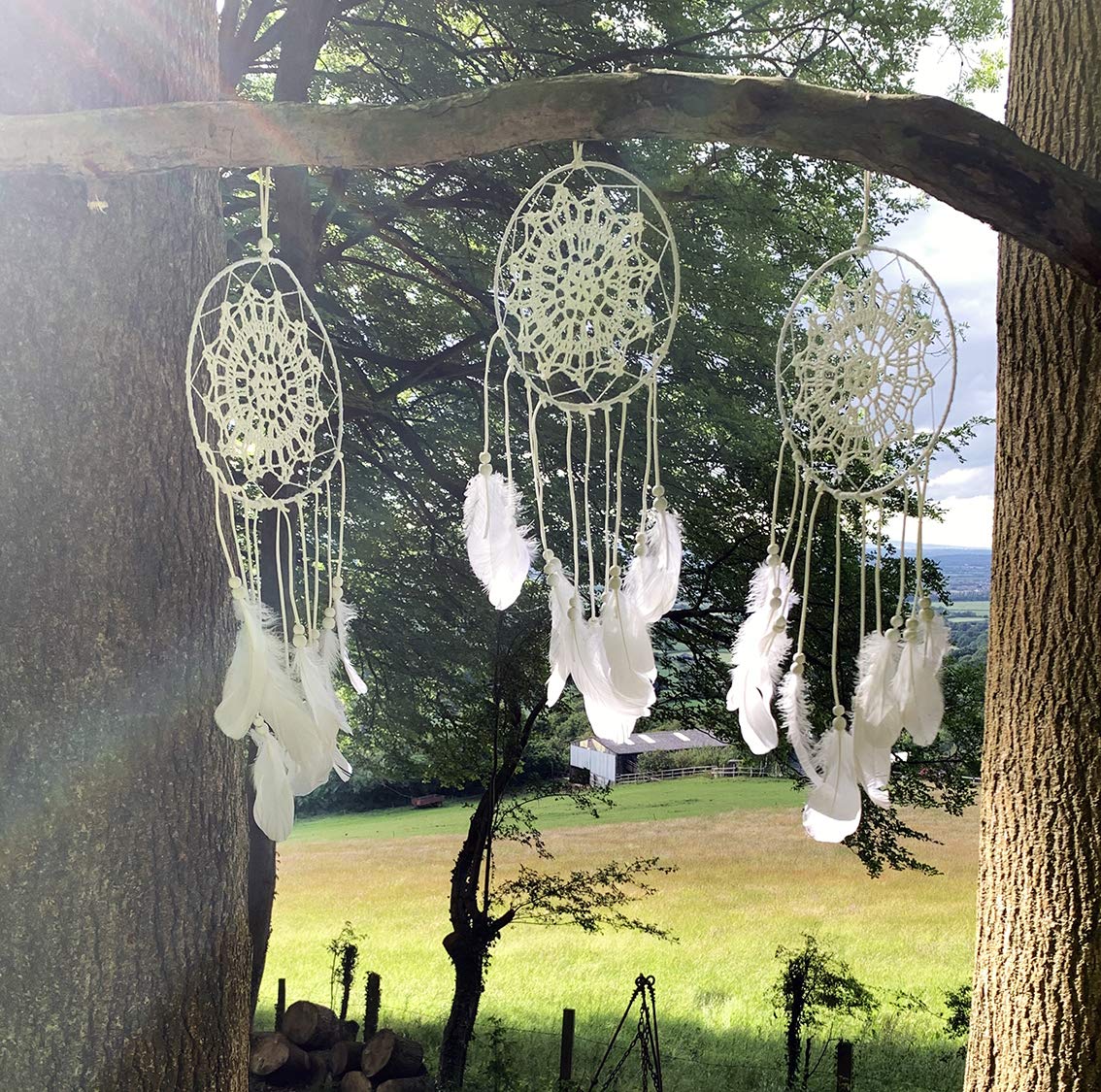 White Dream Catcher with Beads & Feathers - Boho Decor for Wedding, Bedroom or Festival