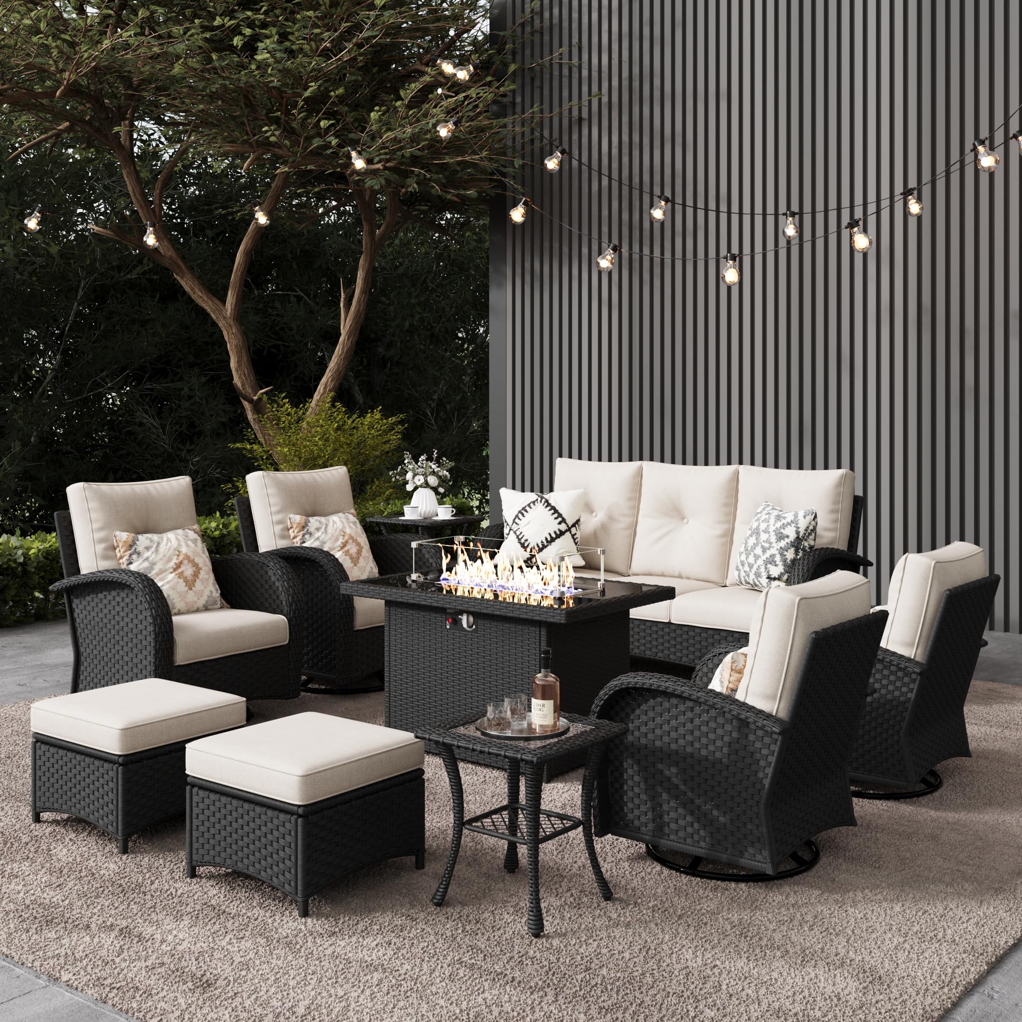 LayinSun 10-Piece Outdoor Patio Furniture Set with Fire Pit Table - Rattan Wicker Sectional Sofa with Swivel Rocker Chairs - Perfect for Backyard, Garden, Poolside & Patio Relaxation