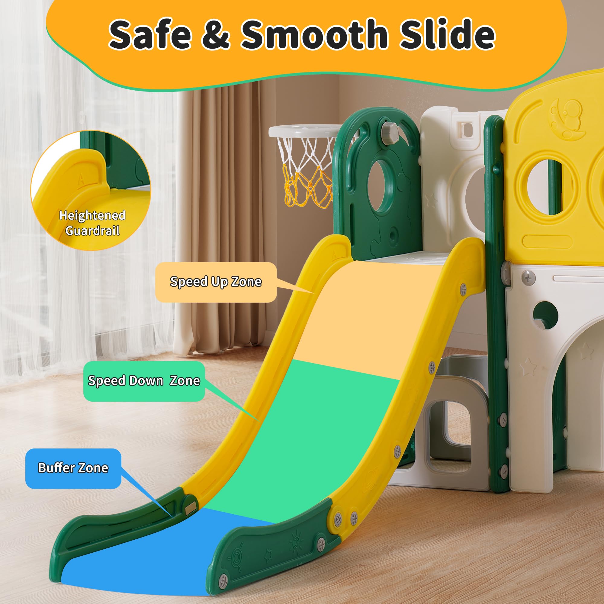 8-in-1 Toddler Slide Playset for Kids Ages 1-3 | Indoor/Outdoor Baby Slide with Basketball Hoop & Telescope | Safe Toddler Playground Equipment for Backyard, Nursery & Daycare (Green)
