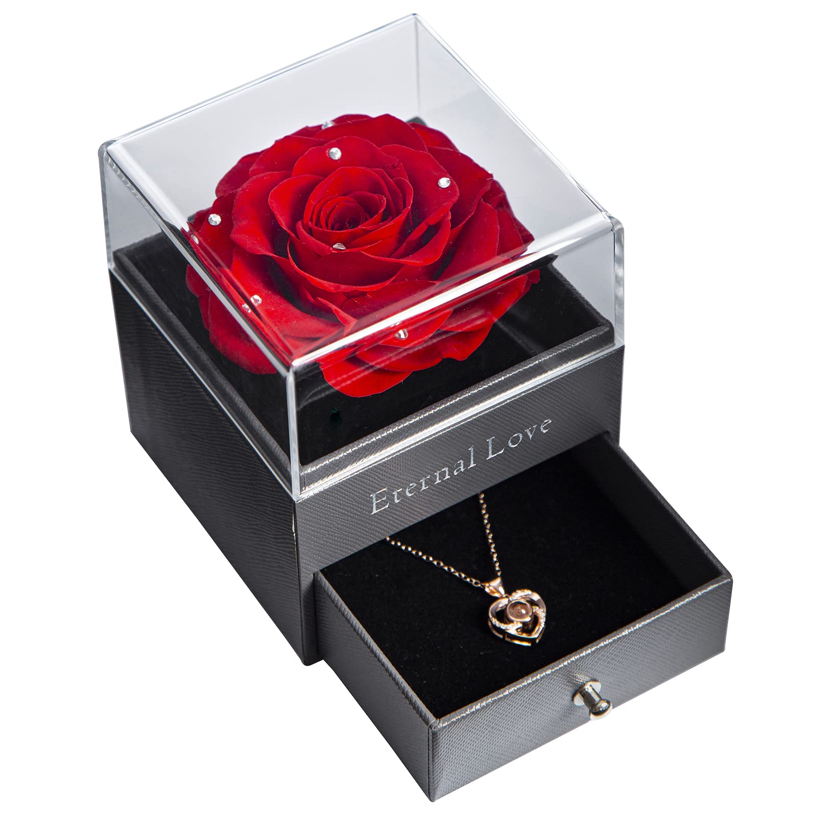 Eternal Preserved Real Rose with 'Love You' Necklace - Handmade 100 Languages Gift, Forever Rose Flower for Anniversary, Valentine's Day, Wedding - Romantic Gifts for Her - Perfect for Proposals, Date Nights & Special Occasions