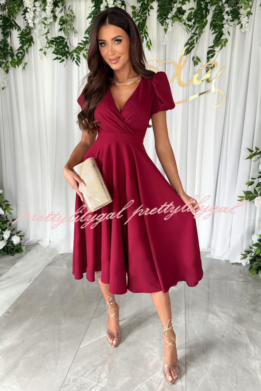 Zayla Women's Solid Color Puff Sleeve V-Neck Waist Slim Fit Midi Dress - Elegant Party, Wedding Guest & Office Wear