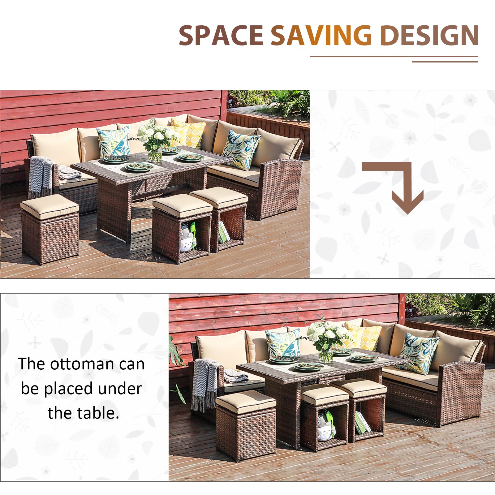 COBANA 7-Piece All-Weather Wicker Patio Furniture Set - Outdoor Sectional Sofa with Dining Table & Chairs, Beige - Perfect for Backyard, Garden & Poolside Relaxation