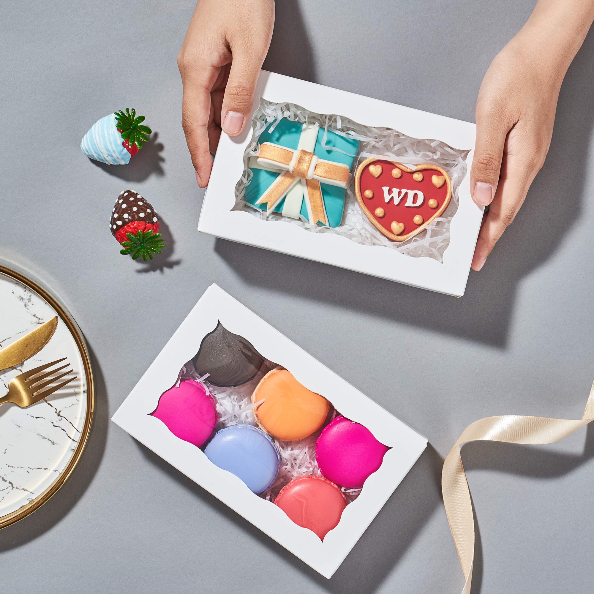 RomanticBaking 24 Pack 7x4.375x1.5 Inch Cookie Gift Boxes with Clear Window - Auto-Popup Macaron Boxes for 6, Bakery Packaging for Cookies, Cupcakes & Desserts - Perfect for Gifting, Parties & Special Occasions
