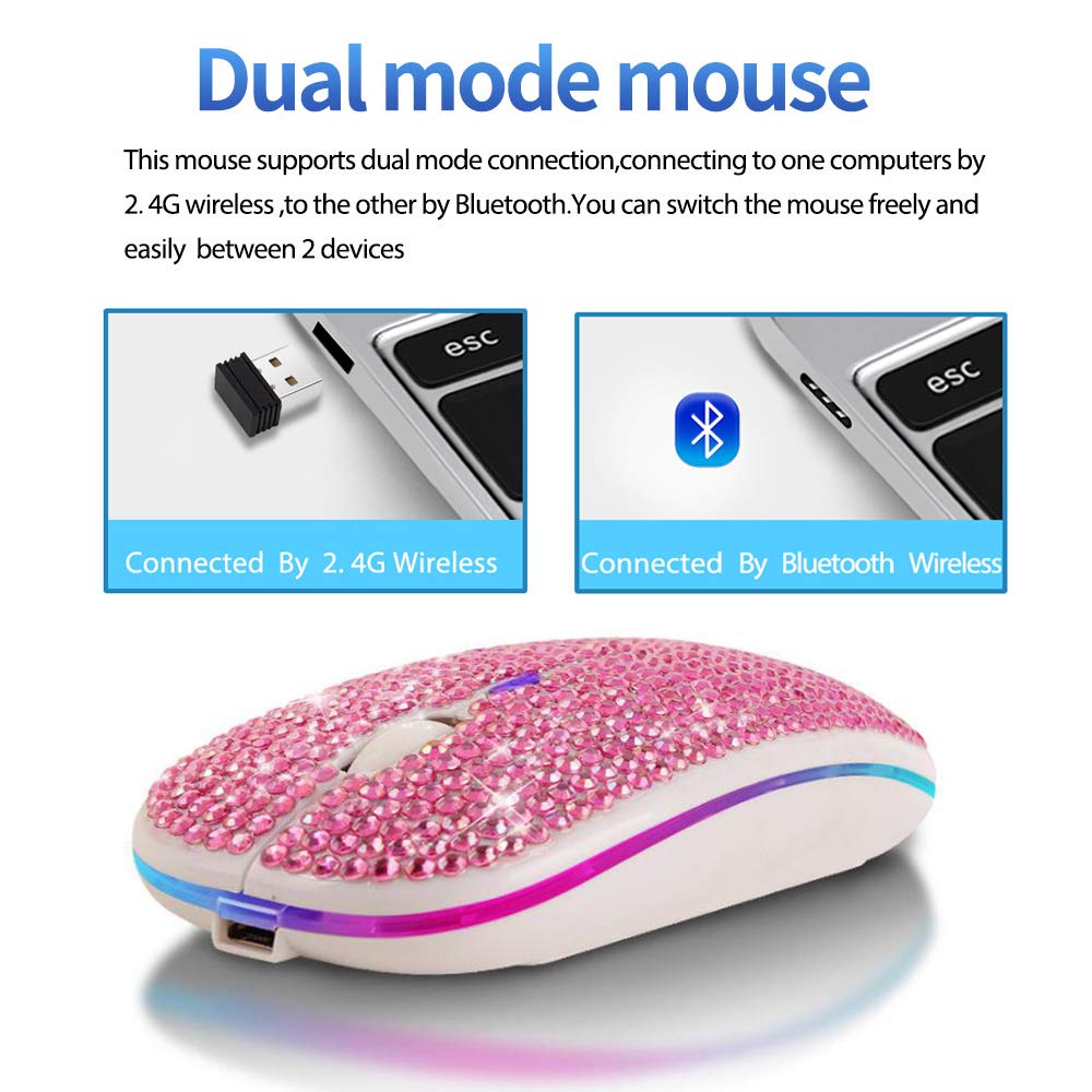 Wireless Bluetooth Mouse with USB Receiver - 2.4GHz Rechargeable Slim Mouse for Laptop, PC, MacBook - Sparkling Pink Design - Perfect Gift for Women & Girls (Home, Office, Travel Use)
