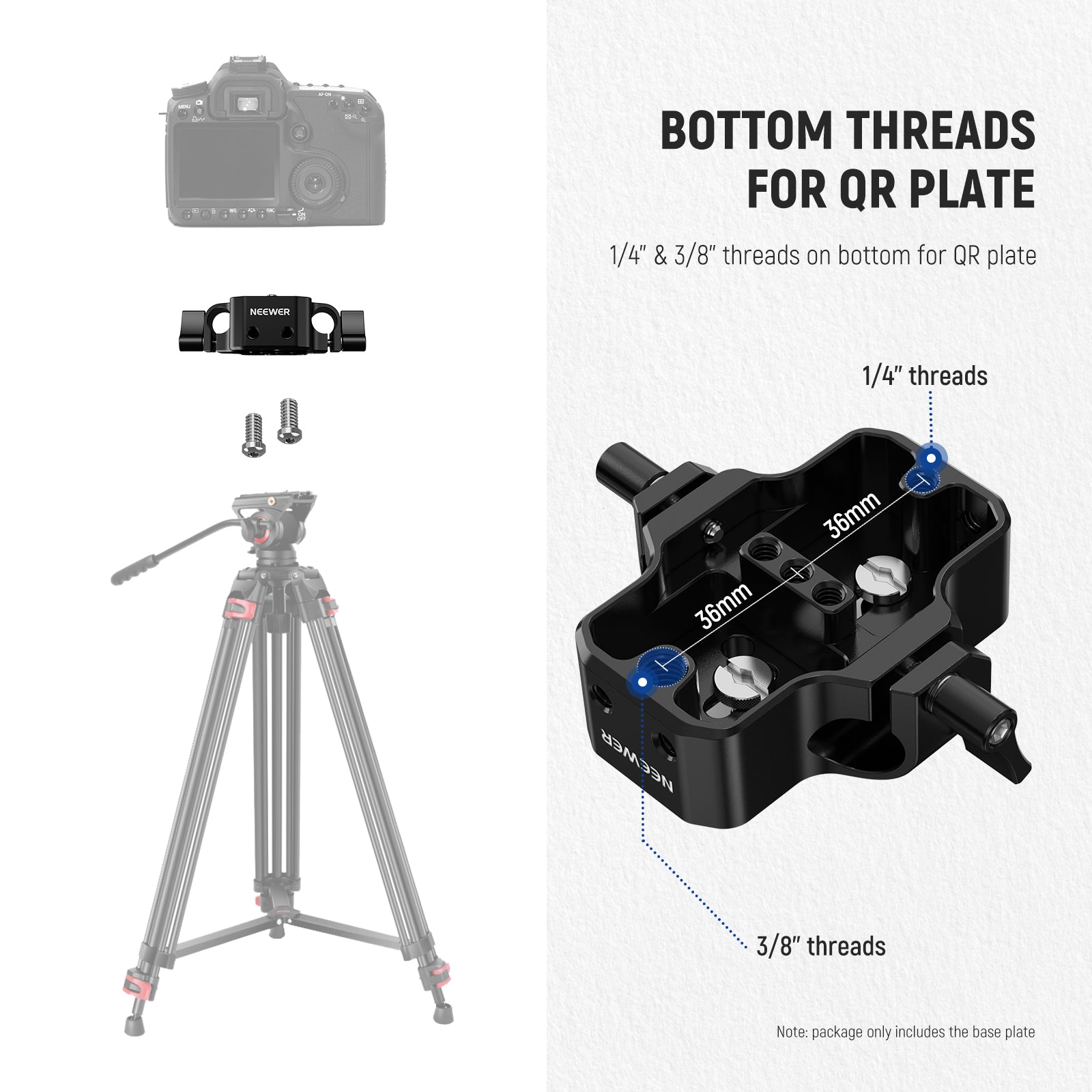 NEEWER SR001 Camera Base Plate with 15mm Rod Clamp Railblock - Compatible with DSLR, Mirrorless & Cinema Cameras - Perfect for Video Rig Setup, Vlogging & Film Production