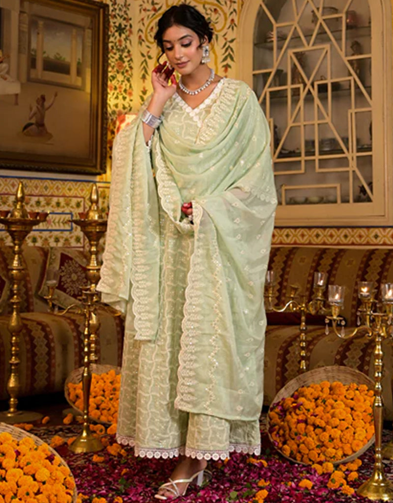 Pista Green Pure Cotton Angrakha Anarkali Kurta Trouser with Dupatta Set | Traditional Indian Ethnic Wear for Women | Perfect for Festivals, Weddings & Special Occasions