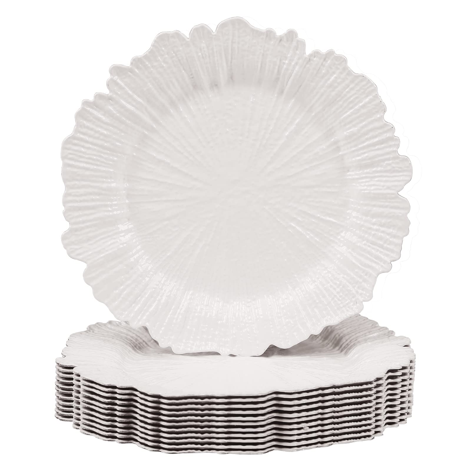 MAONAME 12-Pack White Plastic Charger Plates - Elegant Reef Design Decorative Dinner Plates for Formal Table Settings, Thanksgiving, Christmas, Weddings & Special Events