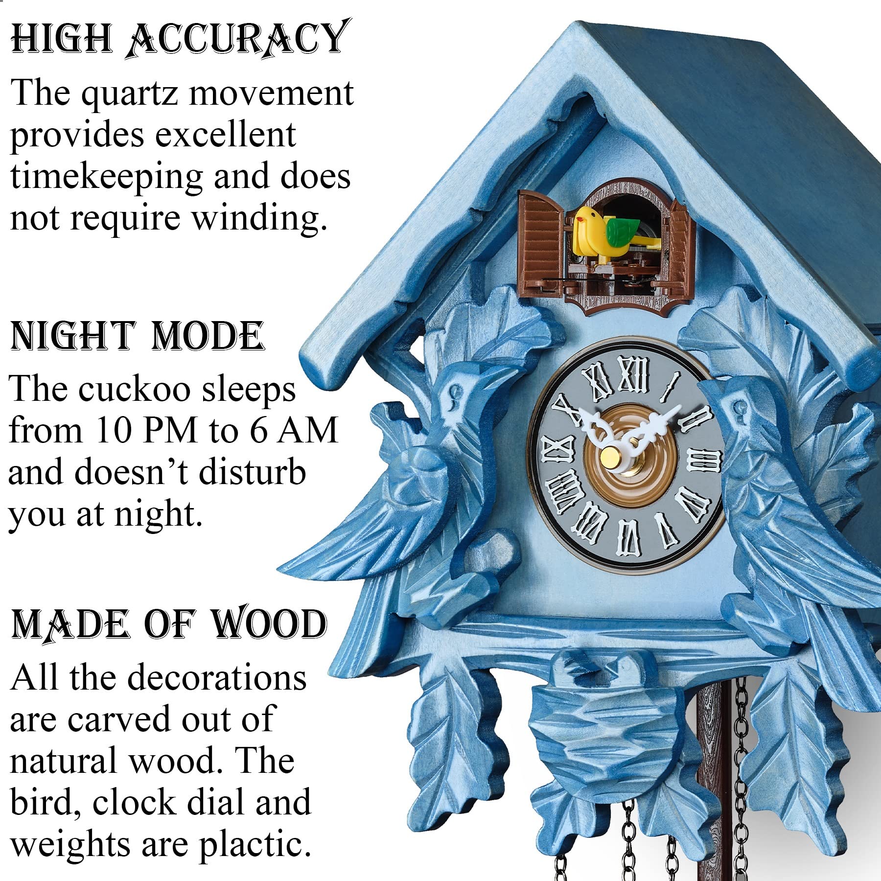TIMEGEAR Blue Cuckoo Clock with Night Mode - Handcrafted Wooden Wall Clock with Singing Bird & Swinging Pendulum - Perfect for Home, Office & Cabin Decor