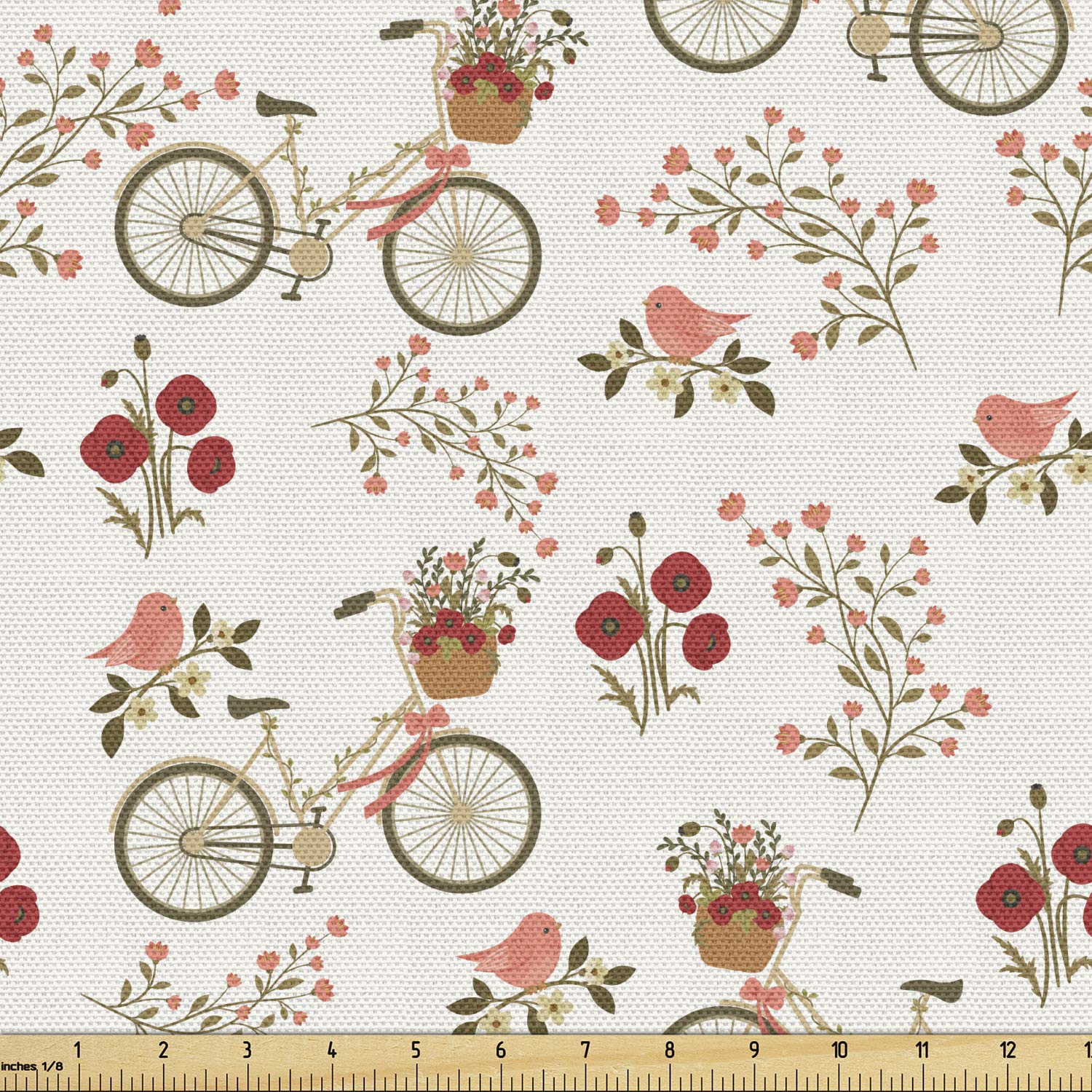 Ambesonne Floral Fabric by The Yard - Nostalgic Romance Print with Bikes, Baskets of Poppy Flowers & Love Birds - Spring Multicolor Decorative Fabric for Upholstery, Home Decor, DIY Projects & Crafting - Perfect for Curtains, Pillows, Table Runners & Quilting