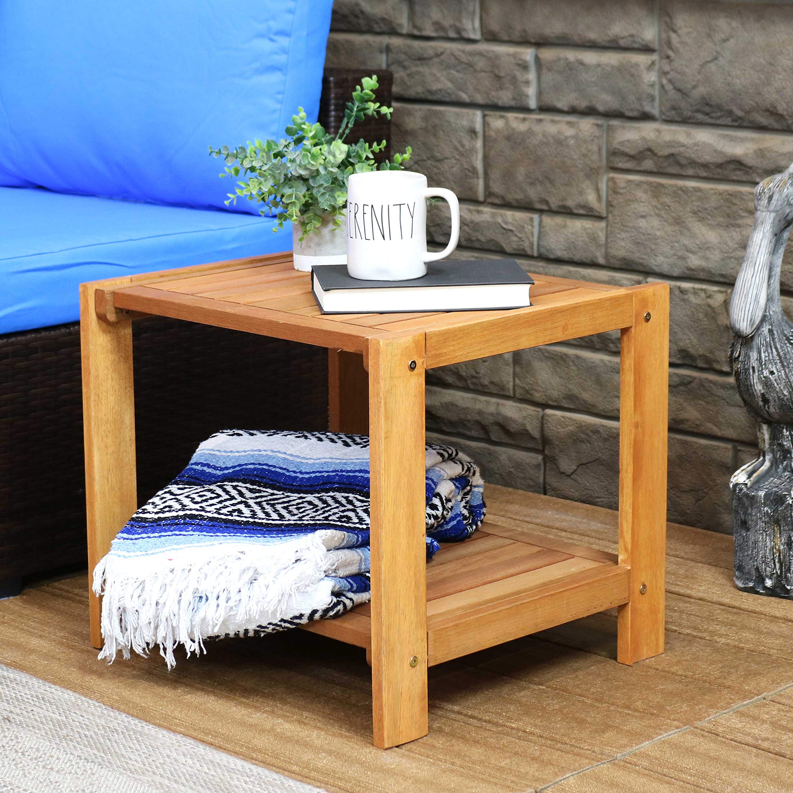 Sunnydaze Meranti Wood Outdoor Patio Side Table - 20 Inch Teak Oil Finish - Weather Resistant - Perfect for Poolside, Garden, Deck, and Patio Furniture