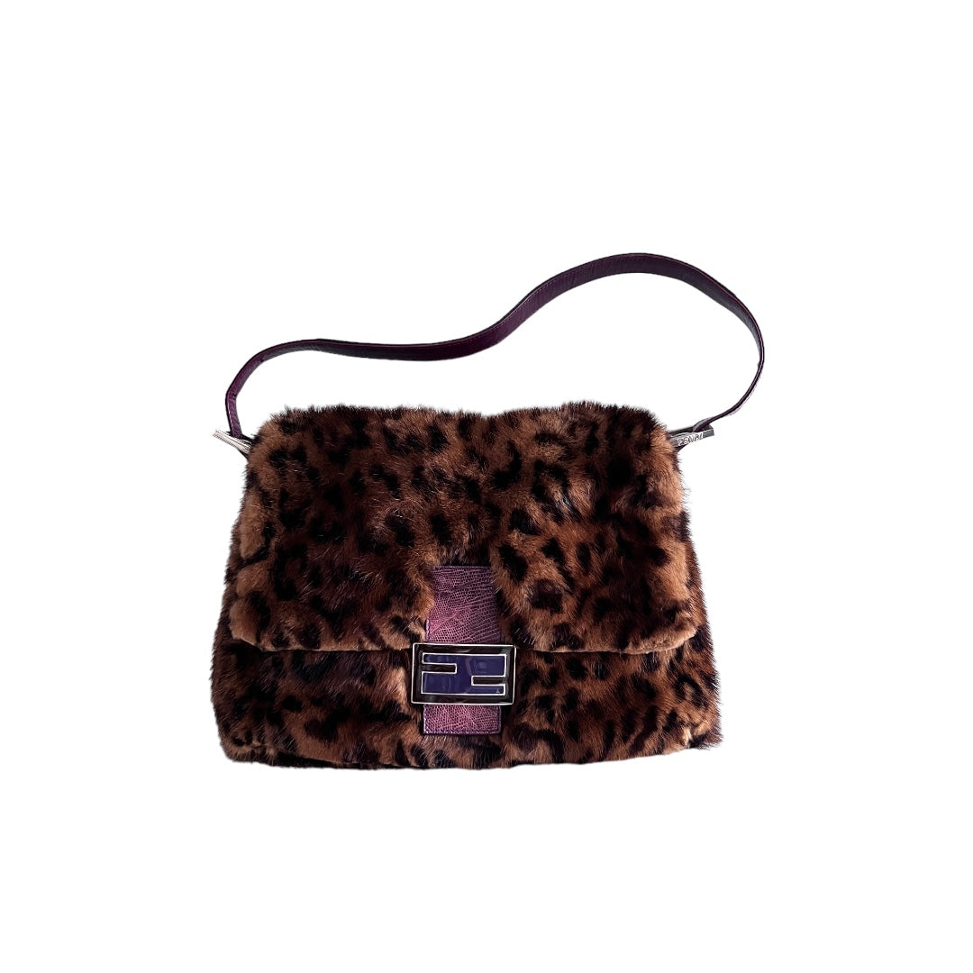Vintage Fendi Cheetah Print Mink Fur Mamma Baguette Handbag - Luxury Designer Purse for Women, Perfect for Parties, Evening Events & Fashion Accessories