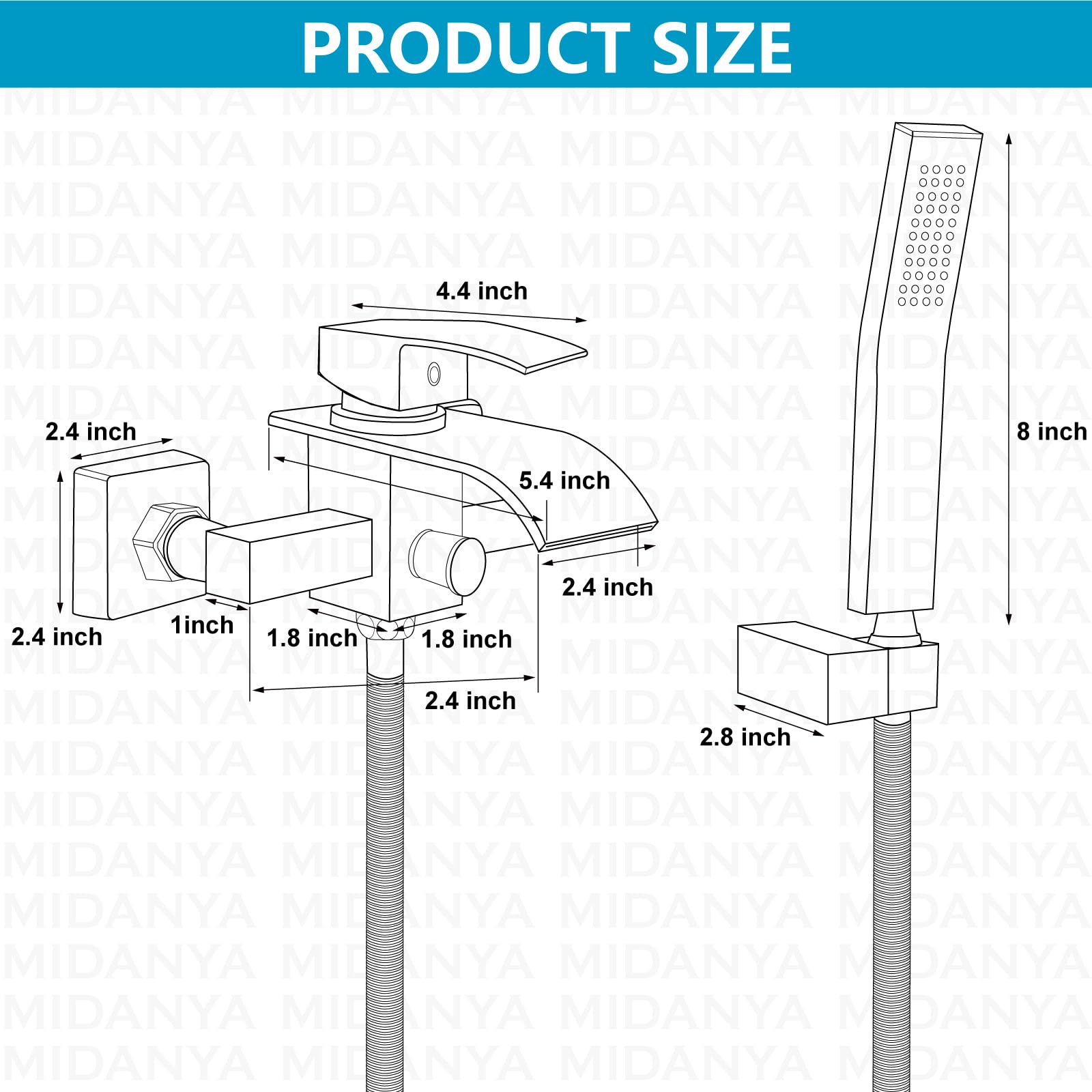 Midanya Wall Mount Bathtub Faucet with Handheld Shower - Brushed Nickel Single Handle Waterfall Tub Filler - Commercial Grade Bathroom Mixer Tap with Curved Spout & Hand-Shower System | Perfect for Spa-Like Bathing Experience & Modern Bathroom Decor