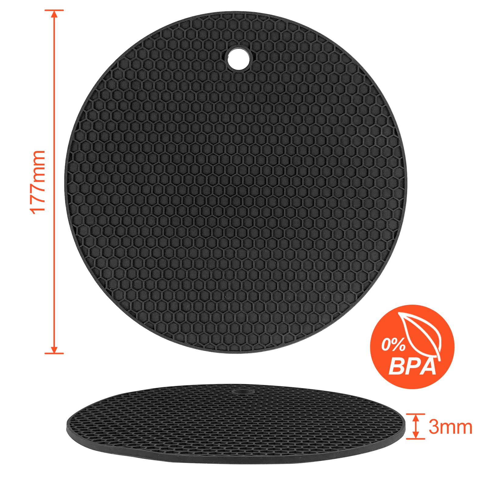 Uootach Set of 4 Round Silicone Pot Holders - Non-Slip, Heat Resistant, Waterproof Silicone Trivets for Pots, Pans, Teapots & Bowls (Black) - Perfect for Kitchen Countertops, Dining Tables & Outdoor Picnics