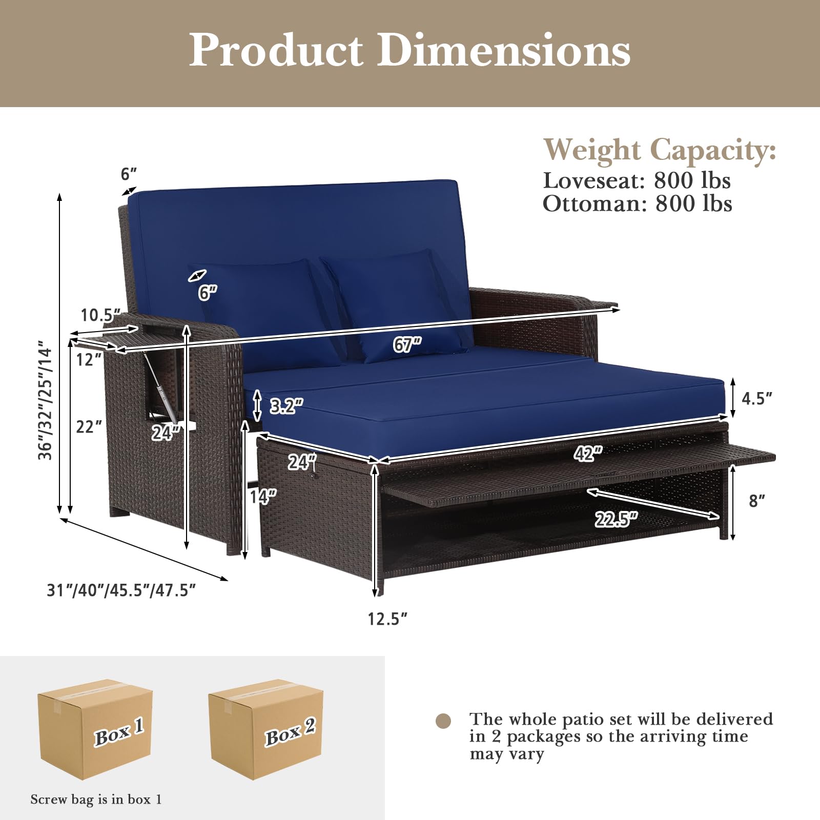 Tangkula Outdoor Rattan Daybed Set with Adjustable Backrest - Wicker Loveseat Sofa, Ottoman & Side Tray - Includes Storage Footstool & Cushions (Navy) - Perfect for Patio, Garden, Poolside & Backyard Relaxation