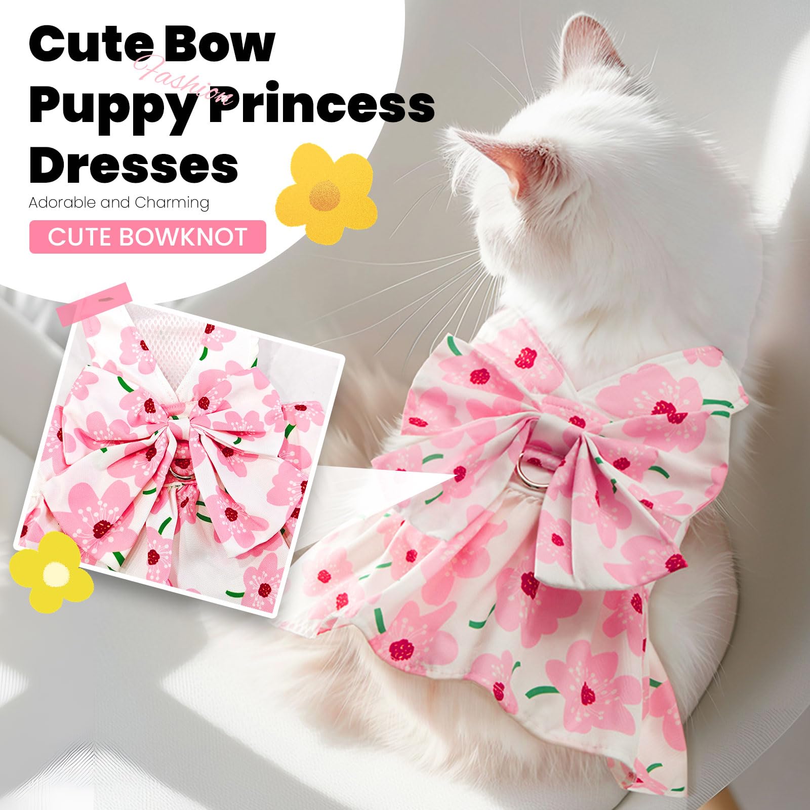 Cute Pink Floral Dog Dress with Bowknot - Summer Pet Outfit for Small Female Puppies | Princess Costume Set for Holidays, Birthdays & Parties | Perfect for Cat & Dog Fashion, Photo Shoots & Special Occasions (Pink, Small)
