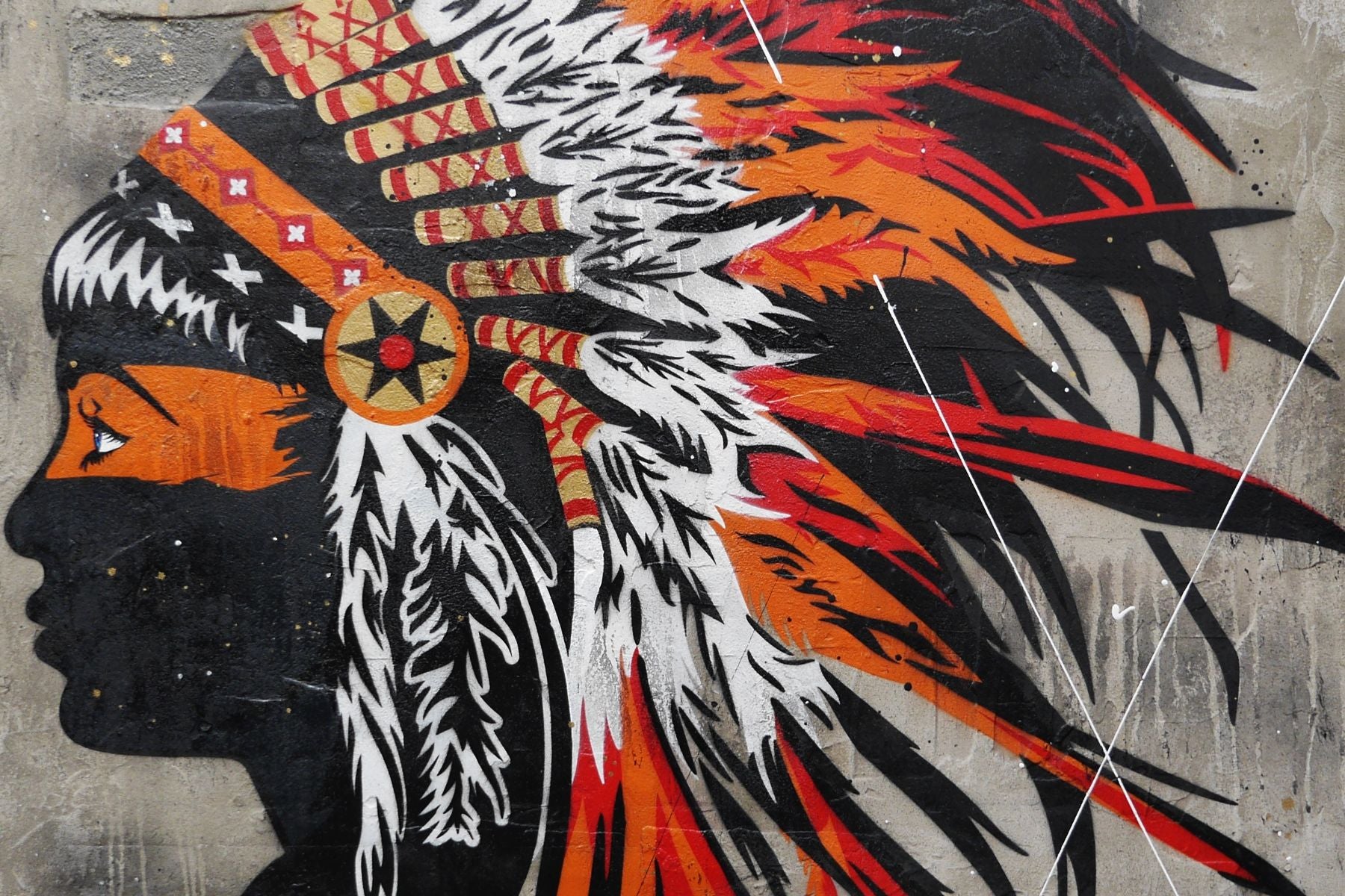 Orange Feathers 120cm x 150cm Indian Headdress Concrete Textured Urban Pop Art Canvas Painting - Perfect for Boho Home Decor, Office Wall Art & Modern Living Room Statement Piece