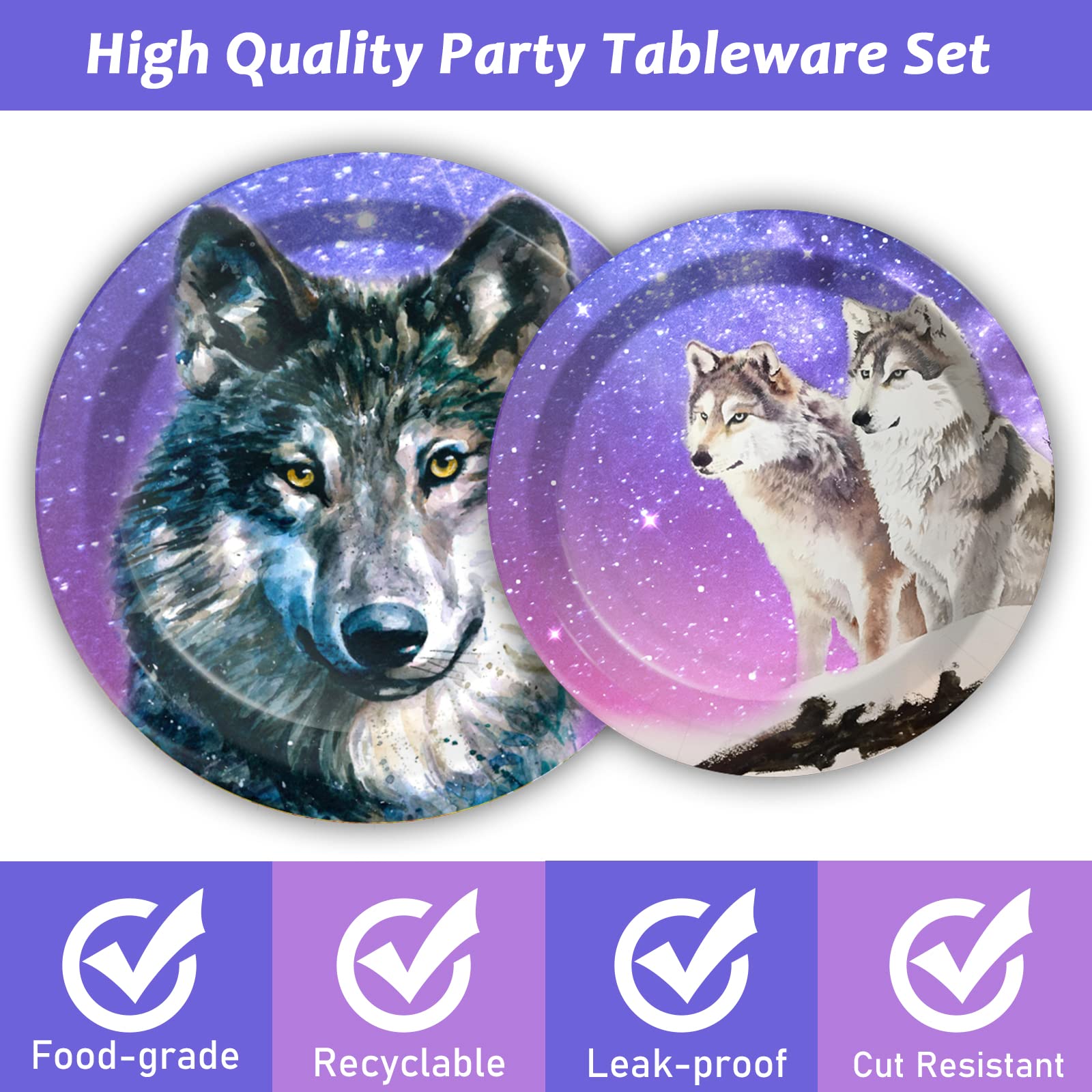 Wiooffen 96-Piece Wolf Themed Party Supplies Set - Disposable Plates, Napkins & Forks for Animal Birthday Decorations | Perfect for Boys, Girls Birthday Parties & Baby Showers (Serves 24 Guests) | Ideal for Jungle-Themed Events, Kids Celebrations & Outdoor Gatherings