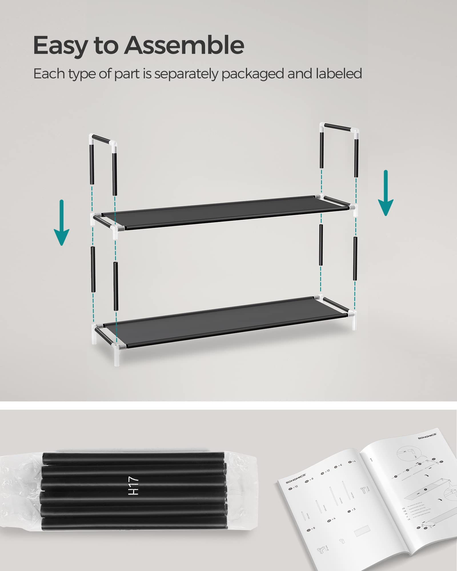 SONGMICS 5-Tier Shoe Rack Organizer - Space Saving Metal Frame Shoe Storage with Non-Woven Fabric Shelves for Hallway, Closet, Entryway - Black (ULSH55H) - Perfect for Small Spaces & Apartment Living