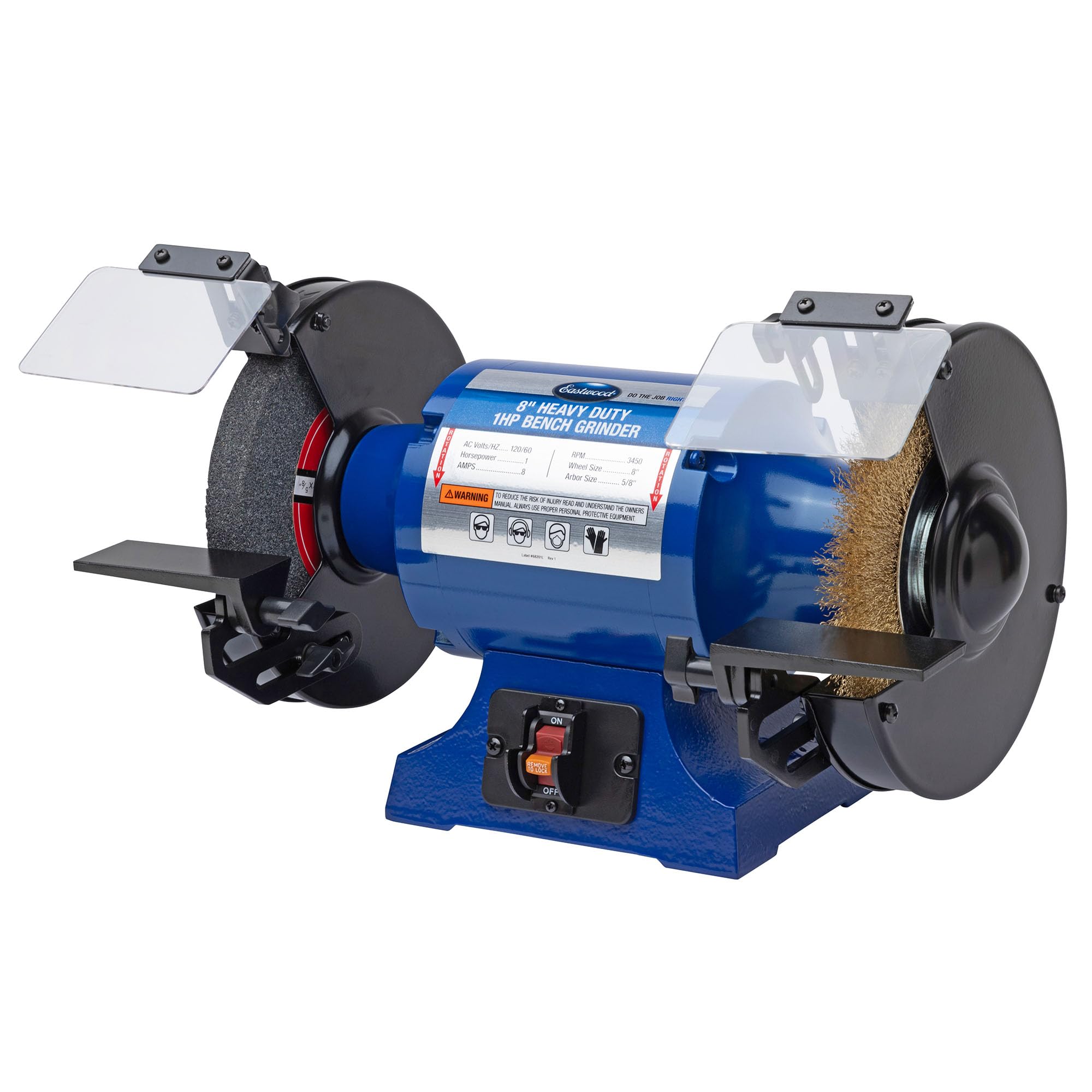 Eastwood 8 Inch Heavy Duty 1HP Bench Grinder - Industrial Grade High Precision Grinding Machine with 3450 RPM Motor | Includes 8