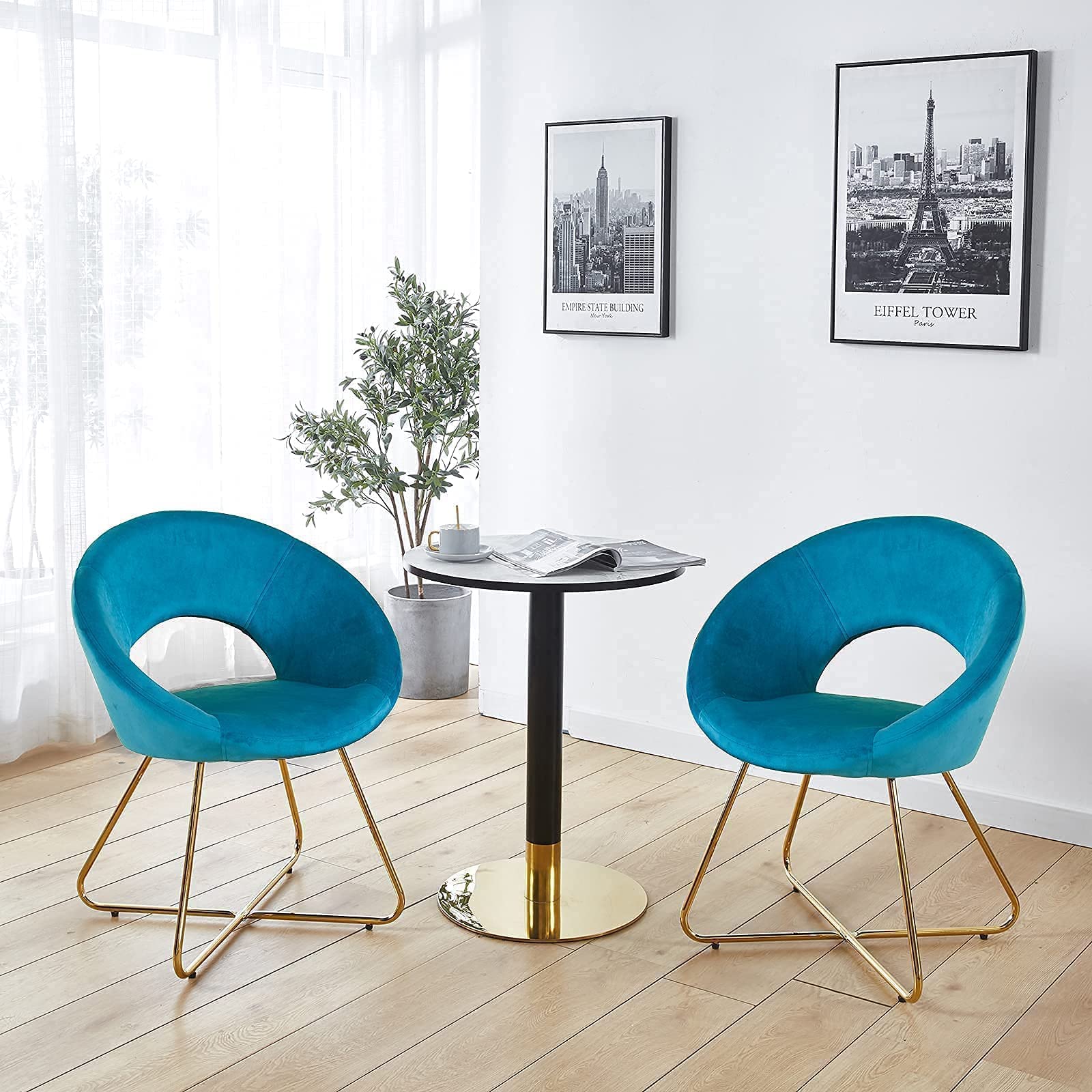 Modern Velvet Accent Chairs Set of 2 - Mid Century Upholstered Armchairs with Golden Legs for Living Room, Dining Room & Lounge - Blue Comfy Leisure Chairs for Home Decor, Reading Nook & Coffee Corner