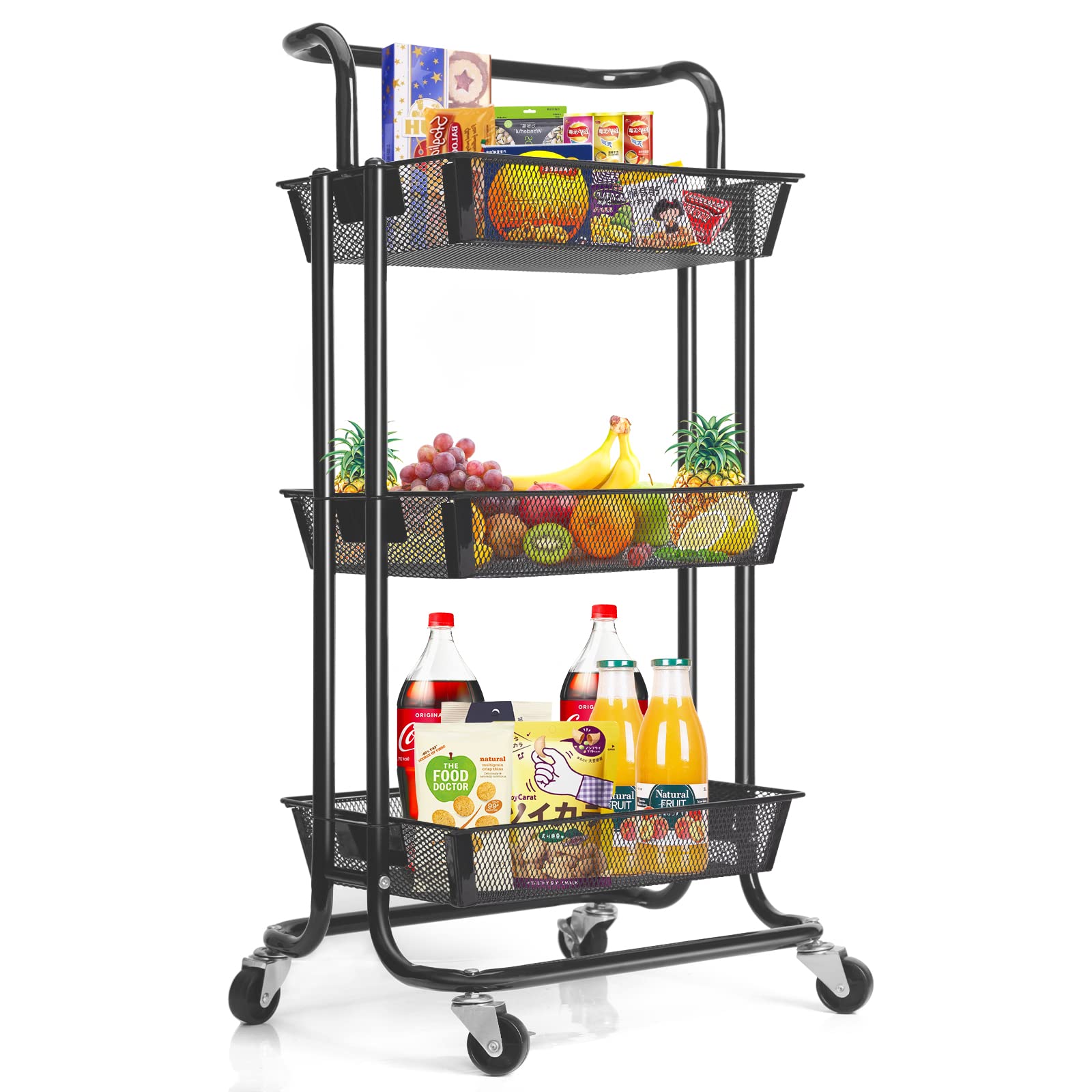 3-Tier Rolling Utility Cart with Wheels & Handles - Black Mesh Storage Organizer Cart for Office, Kitchen, Bathroom - Mobile Shelf Trolley for Home & Commercial Use - Perfect for Organizing Supplies, Serving Food, or Moving Items