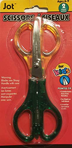 JOT Pointed Tip Kids Scissors for Ages 6-9 - 5 Inch Easy Grip Safety Scissors, Non Stick Design, Set of 2 (Green & Yellow) - Perfect for School Crafts, Art Projects, Classroom Supplies & Preschool Cutting Activities