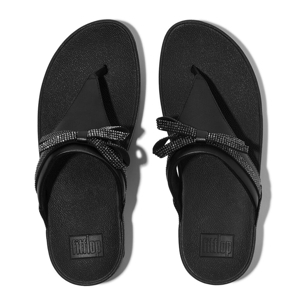 FitFlop Lulu Glitz Bow Leather Sandals for Women - All Black | Comfortable & Stylish Summer Slide Sandals for Beach, Pool, and Casual Outings