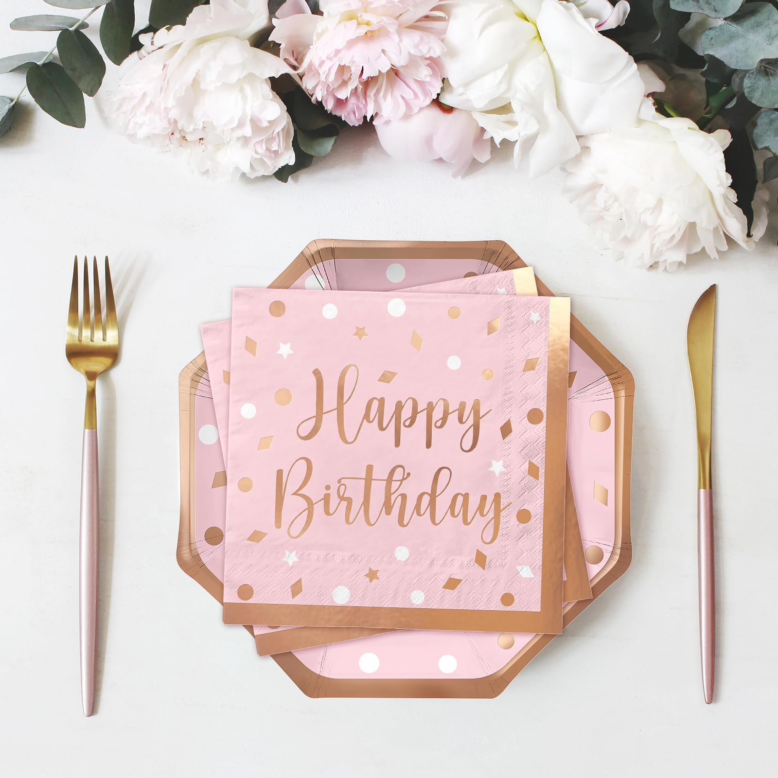 Gatherfun Rose Gold Birthday Party Supplies Set - 16-Pack Disposable Paper Plates, Napkins & Cups for Women's Celebration - Elegant Tableware for Bridal Showers, Baby Showers & Birthday Parties