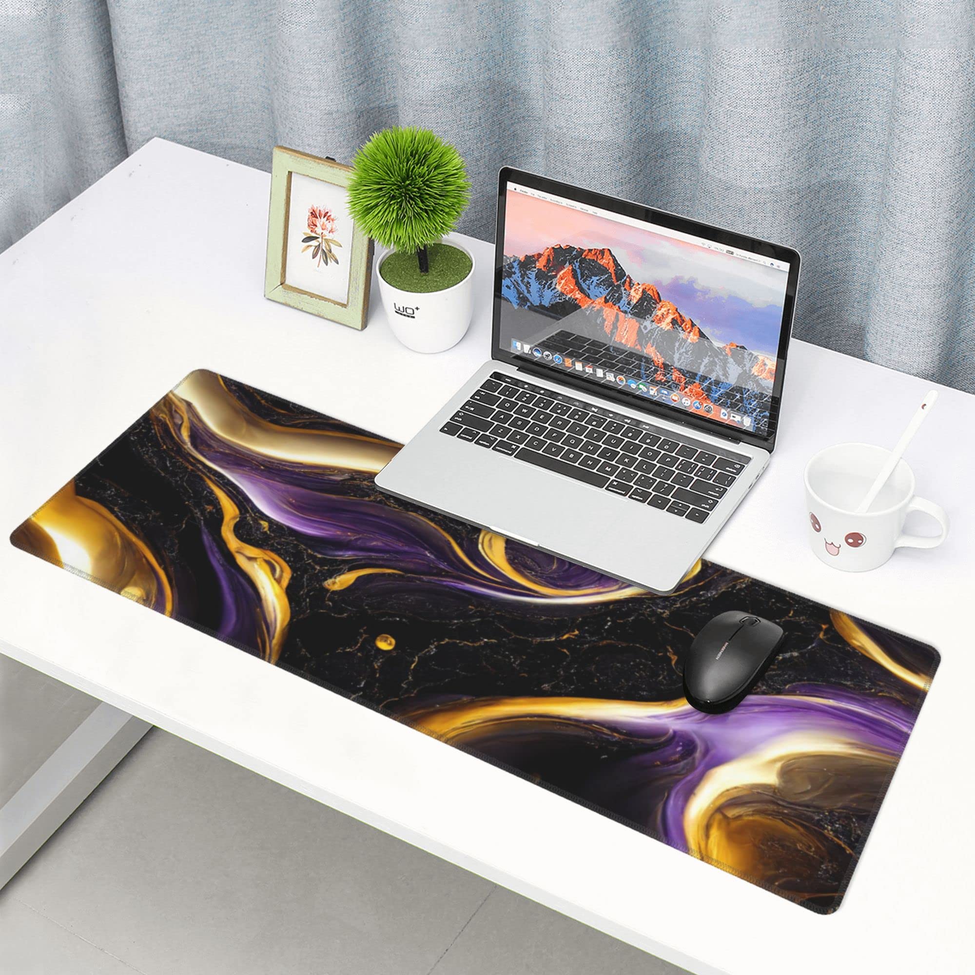 Black Marble Extended XL Gaming Mouse Pad - 31.5x11.8 Inch Large Desk Mat with Non-Slip Base for Computer, Keyboard & Mouse - Premium Office & Home Workspace Accessory (Purple & Gold Marble Design) - Perfect for Gaming Setups, Home Offices & Professional Workstations