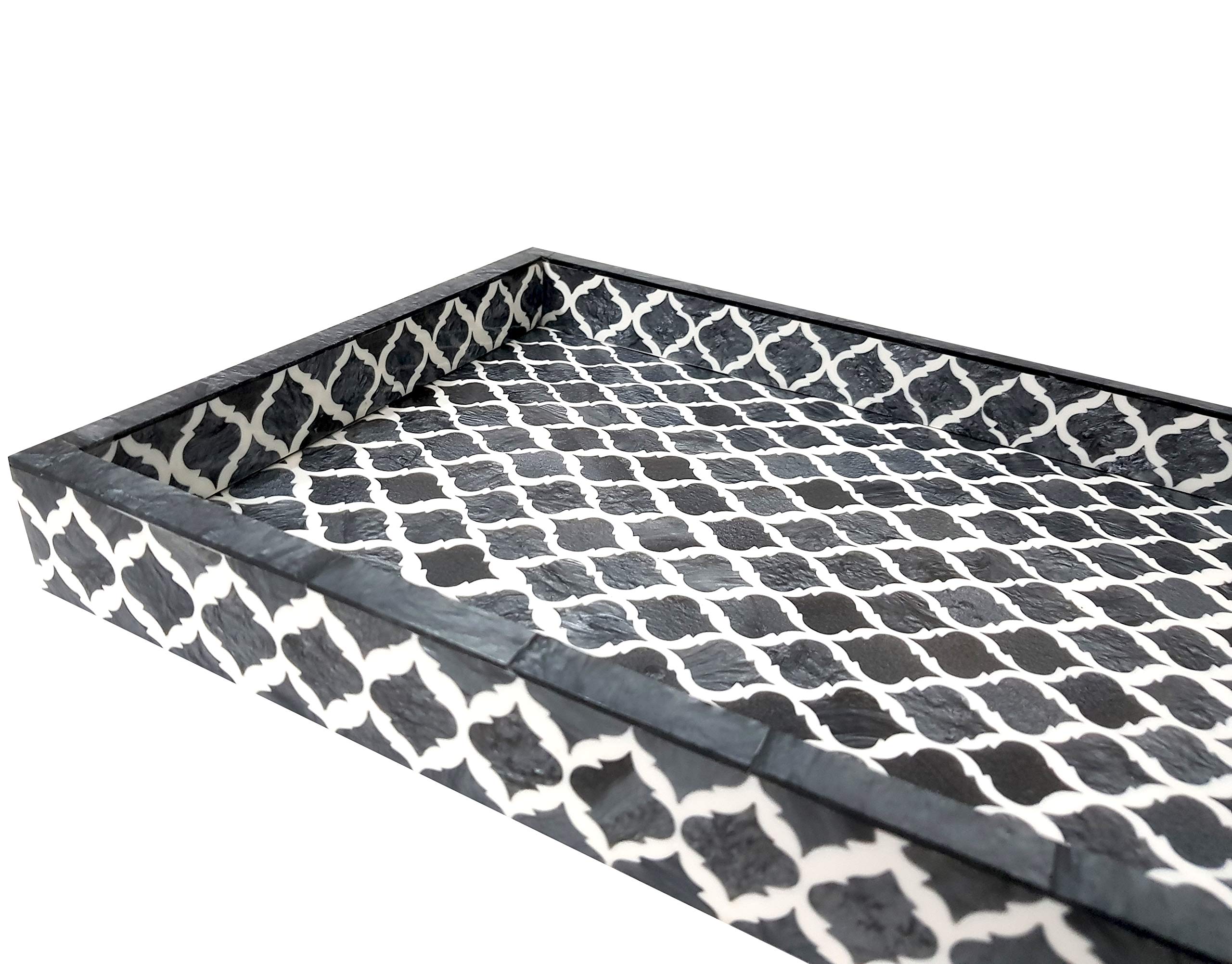 Handmade Moroccan Quatrefoil Inlay Tray - Designer Bone Inlay Coffee Table Decor, Grey Moorish Handicraft Tray for Breakfast, Jewelry & Home Decor | Perfect for Living Room, Bedroom & Office