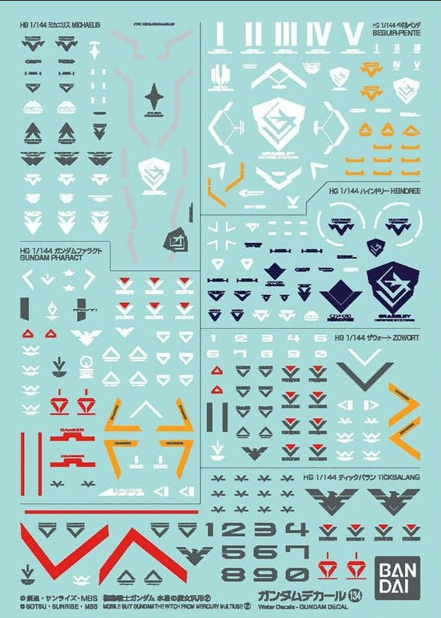Bandai Gundam Decal #134 - Mobile Suit Gundam The Witch from Mercury Water Slide Transfer Decals - Perfect for Model Kits, Customization & Collectibles