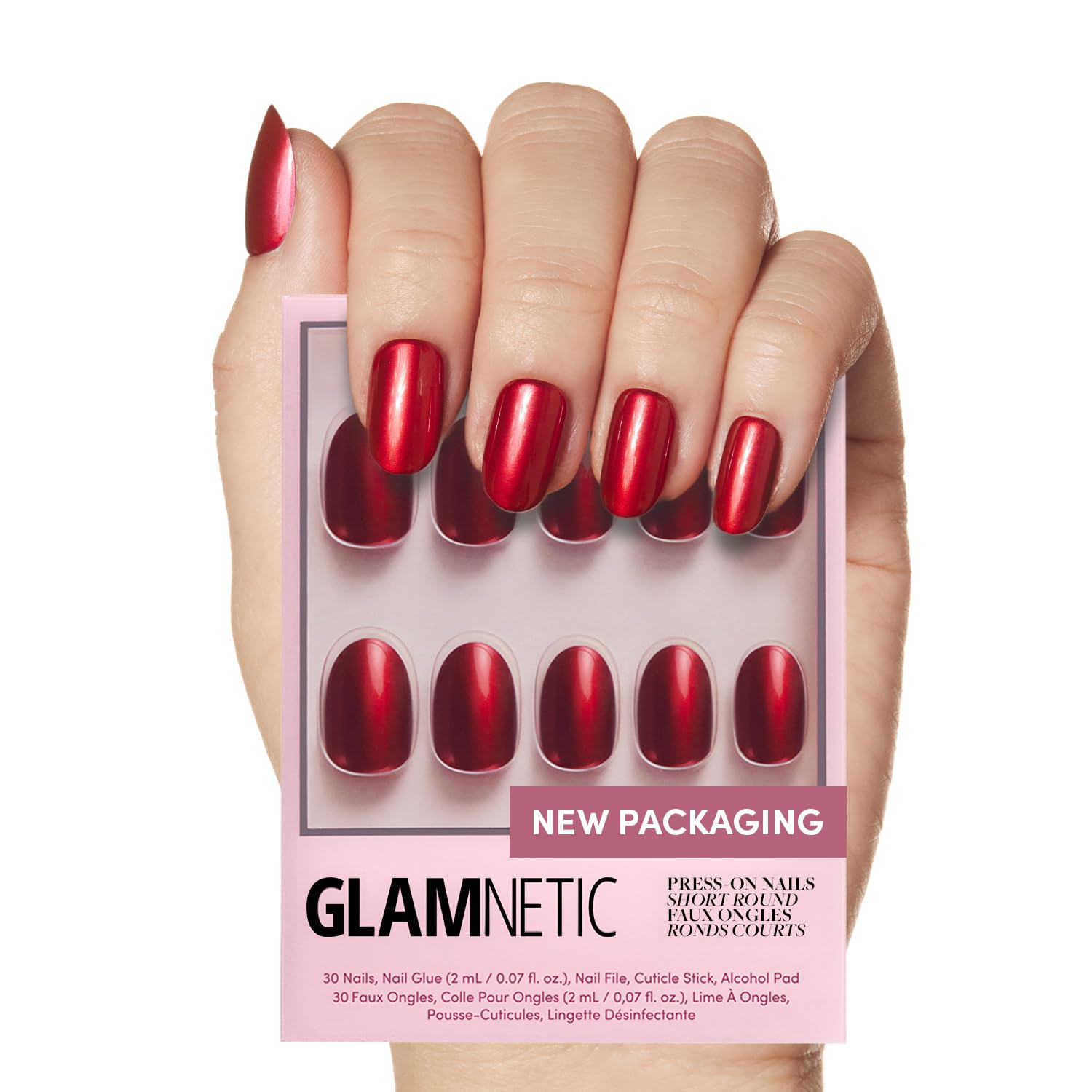 Glamnetic Press On Nails - Cherry Glaze | Short Round Bright Cherry Red Fake Nails with Glossy Finish | 15 Sizes & 30 Pieces Kit with Nail Glue | Perfect for Parties, Weddings, and Everyday Wear