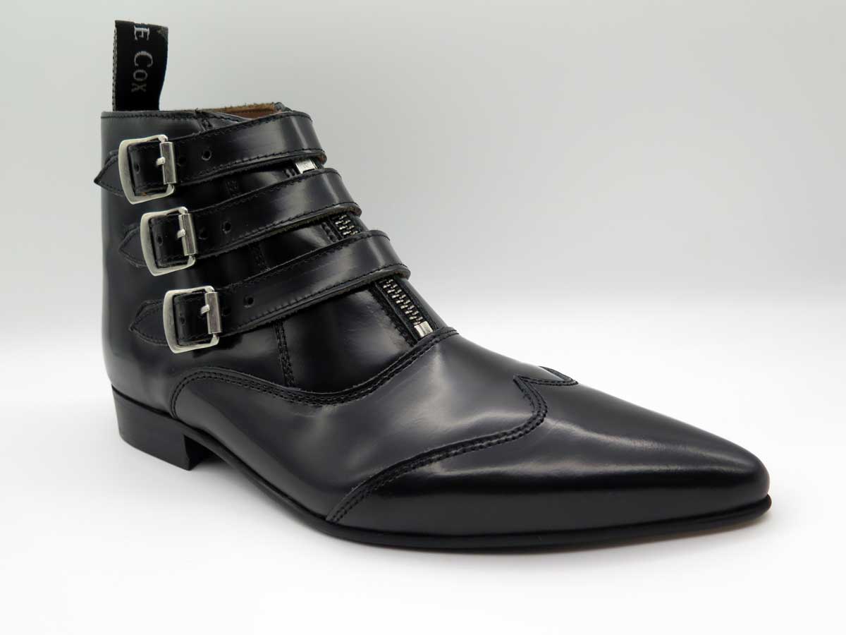 George Cox 4589 Jack 3 Strap Zip Boot - Black Leather Ankle Boots for Men | Fashionable Punk Rock Style Footwear for Concerts & Night Out