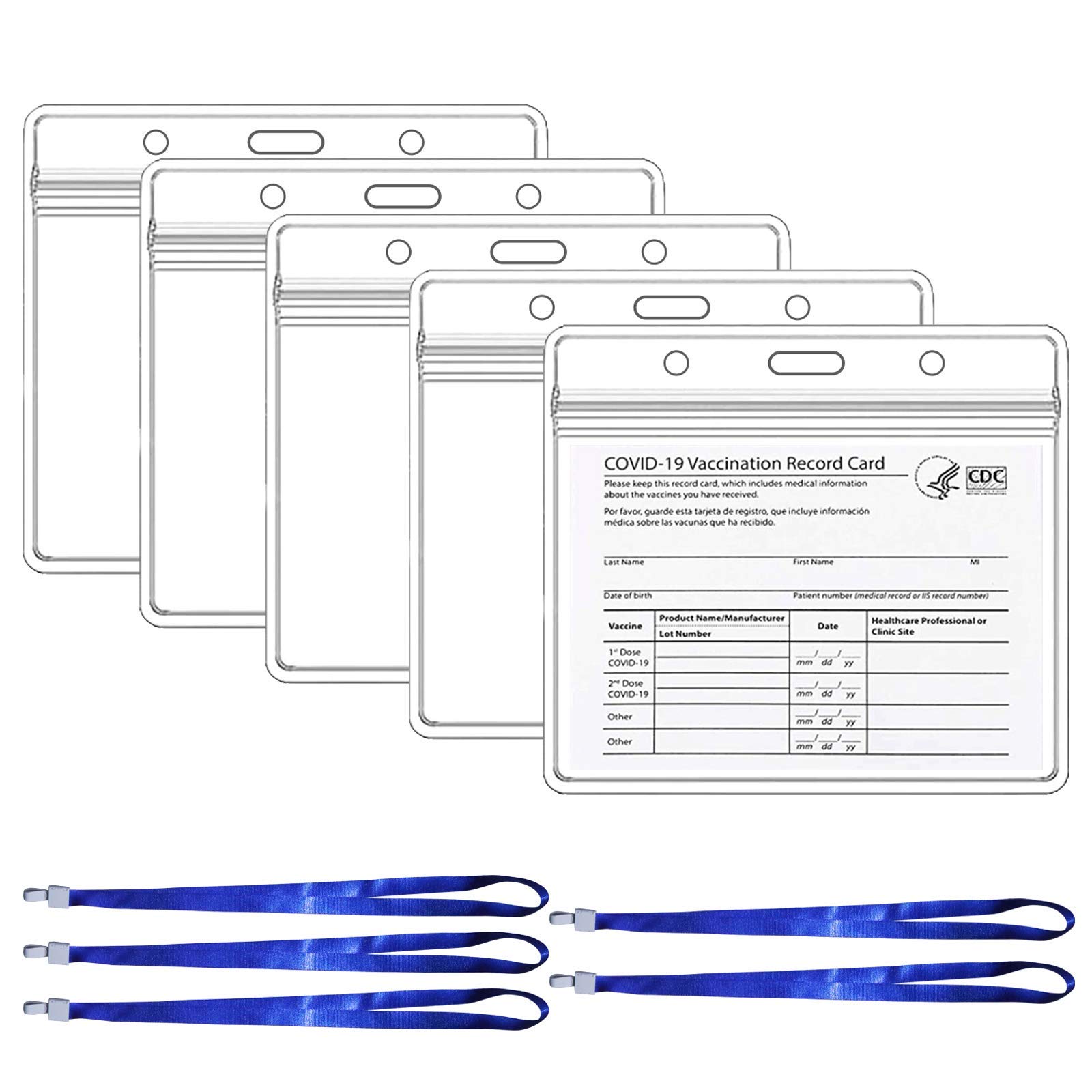 4x3 Inch CDC Vaccination Card Protector - Clear Waterproof Vinyl Immunization Record Holder with Lanyard & Sealable ID Badge (5-Pack) - Perfect for Travel, Events, and Medical Records Organization