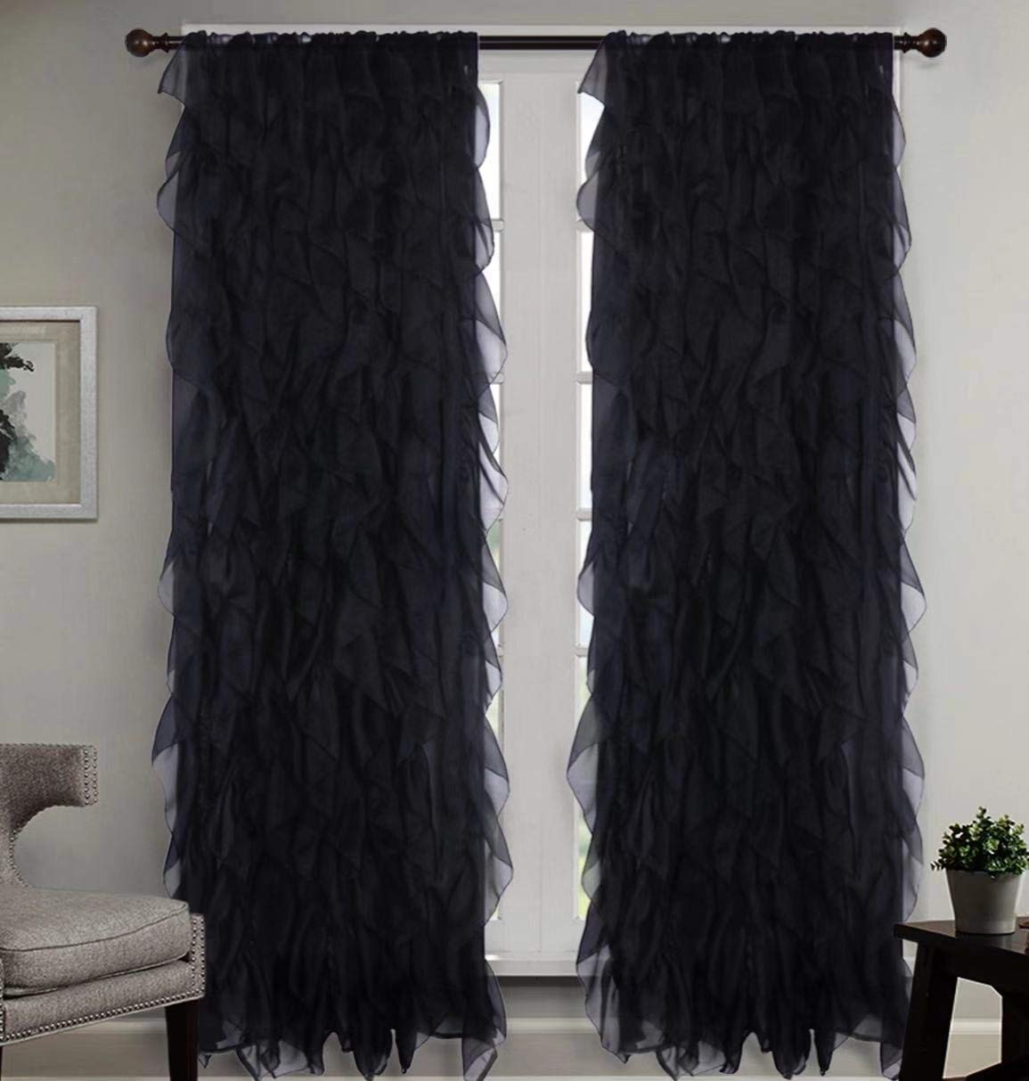 LinenTopia Ruffled Sheer Voile Curtains - Shabby Chic Coquette Window Panels with Vertical Cascading Ruffles, 95 Inch Length, Set of 2 (Black) - Elegant Bedroom & Living Room Drapes for Boho Home Decor