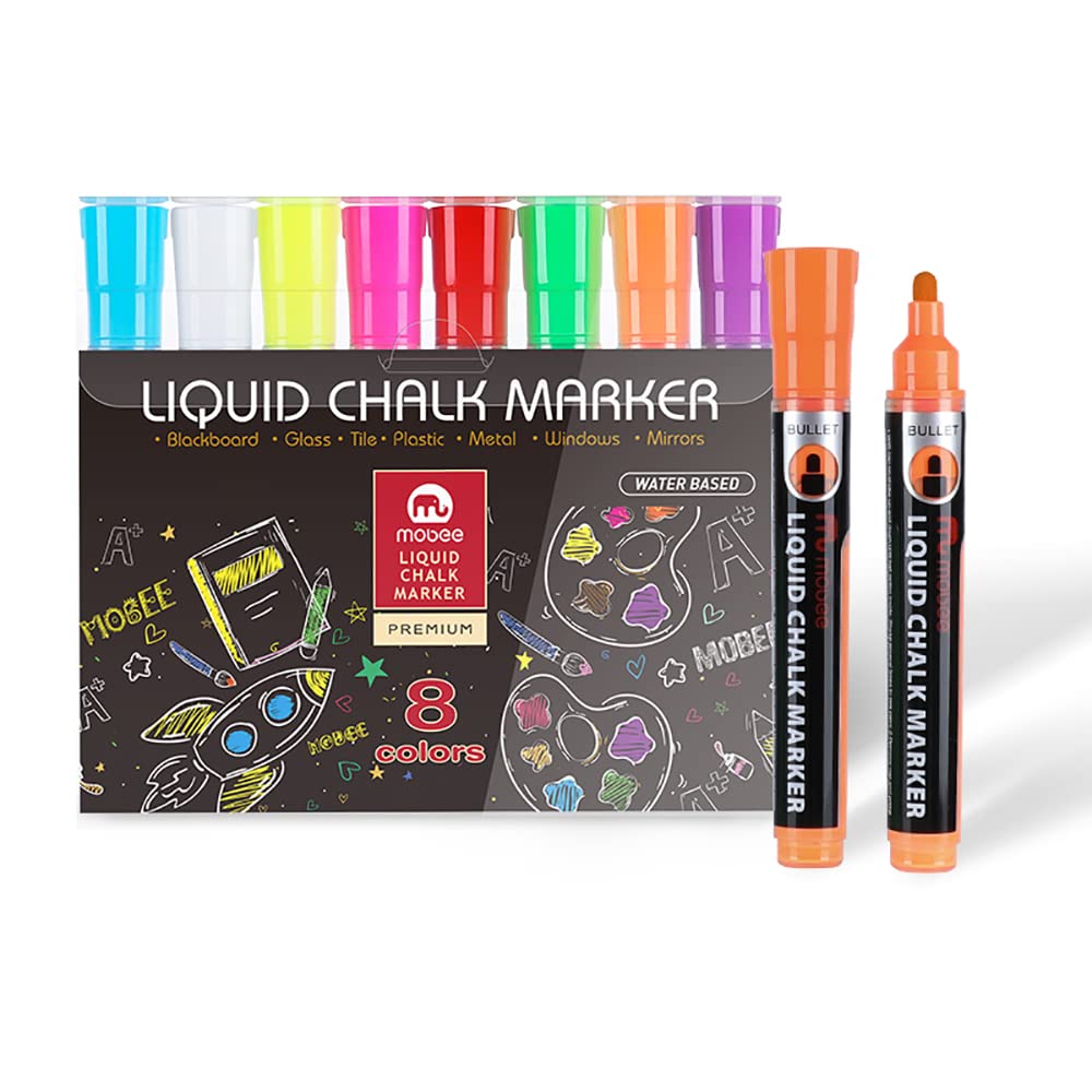 Mobee Liquid Chalk Markers - 8 Pack Reversible Tip Non-Porous Chalkboard Markers for Blackboard, Glass, Windows & Mirrors - Fine Point for Art, Signage & DIY Projects