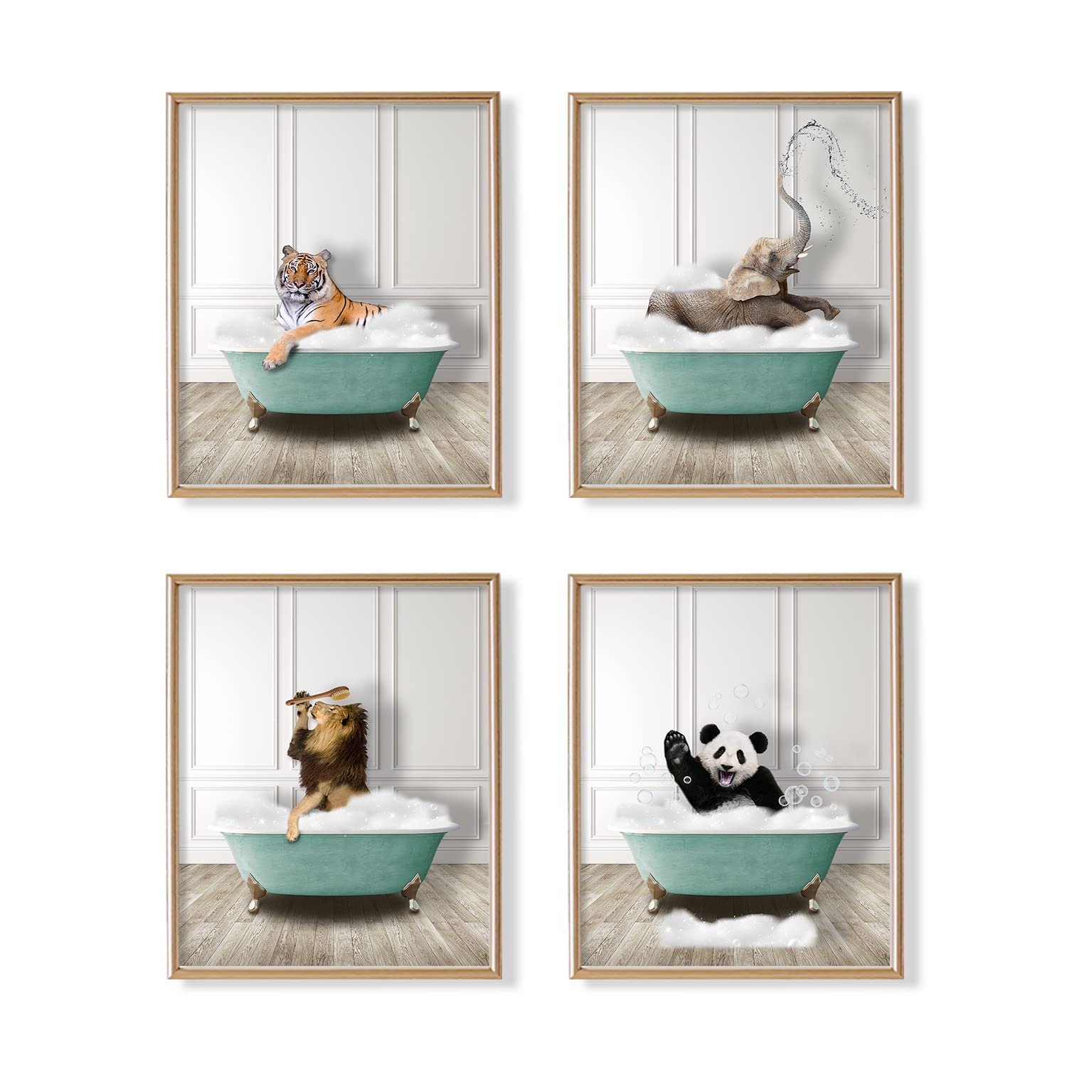 Funny Animal Wall Art for Bathroom - Elephant, Tiger, Panda & Lion Decor - Modern Powder Room Posters - Cute Bathroom Signs for Women & Kids - Unique Bath Wall Decor for Home, Nursery or Guest Bathroom