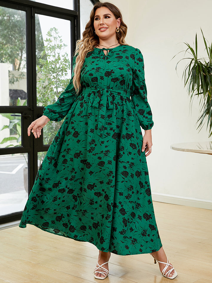 Plus Size Printed Long Sleeve Tie Neck Dress for Women - Elegant Floral Wrap Dress for Office, Party & Special Occasions